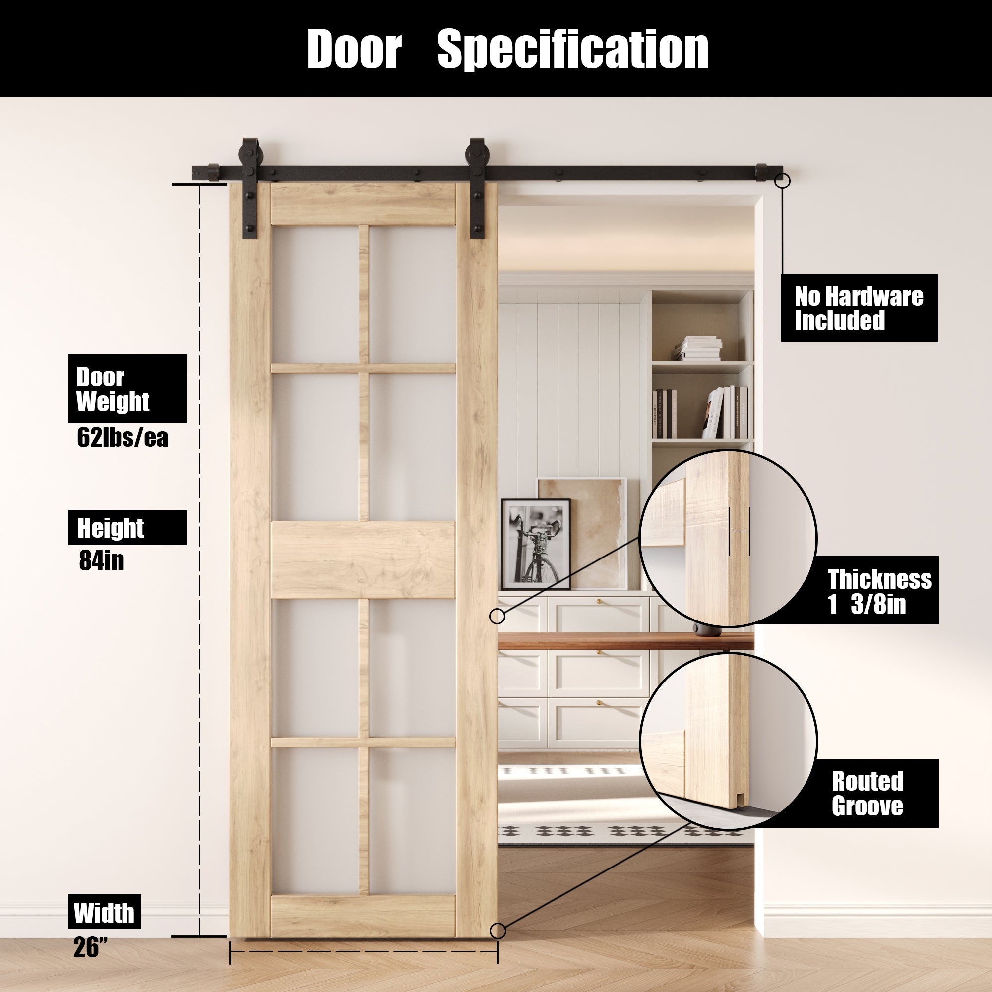 84" Height 8-Lite Frosted Glass Unassembled & Unfinished Pine Wood Barn Door (Interior Use Only)