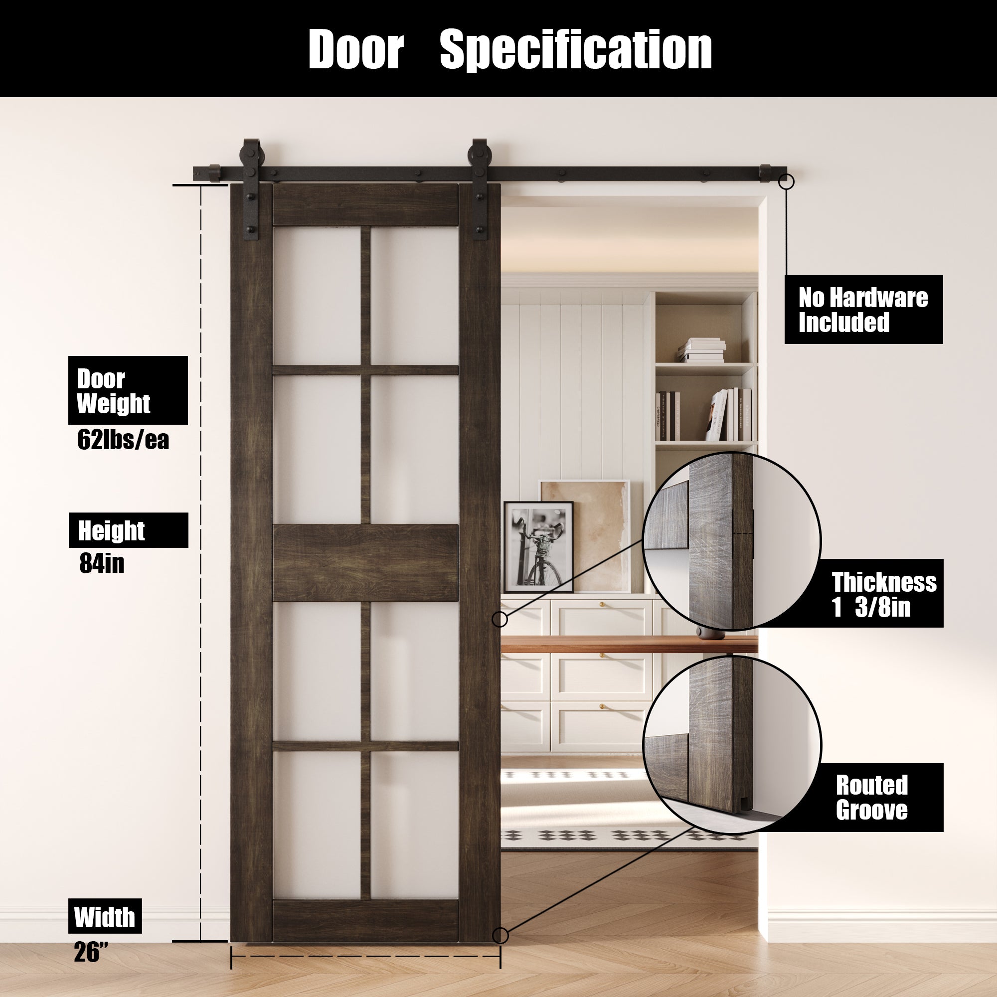 84" Height Ebony 8-Lite Frosted Glass Unassembled & Finished Pine Wood Barn Door (Interior Use Only)
