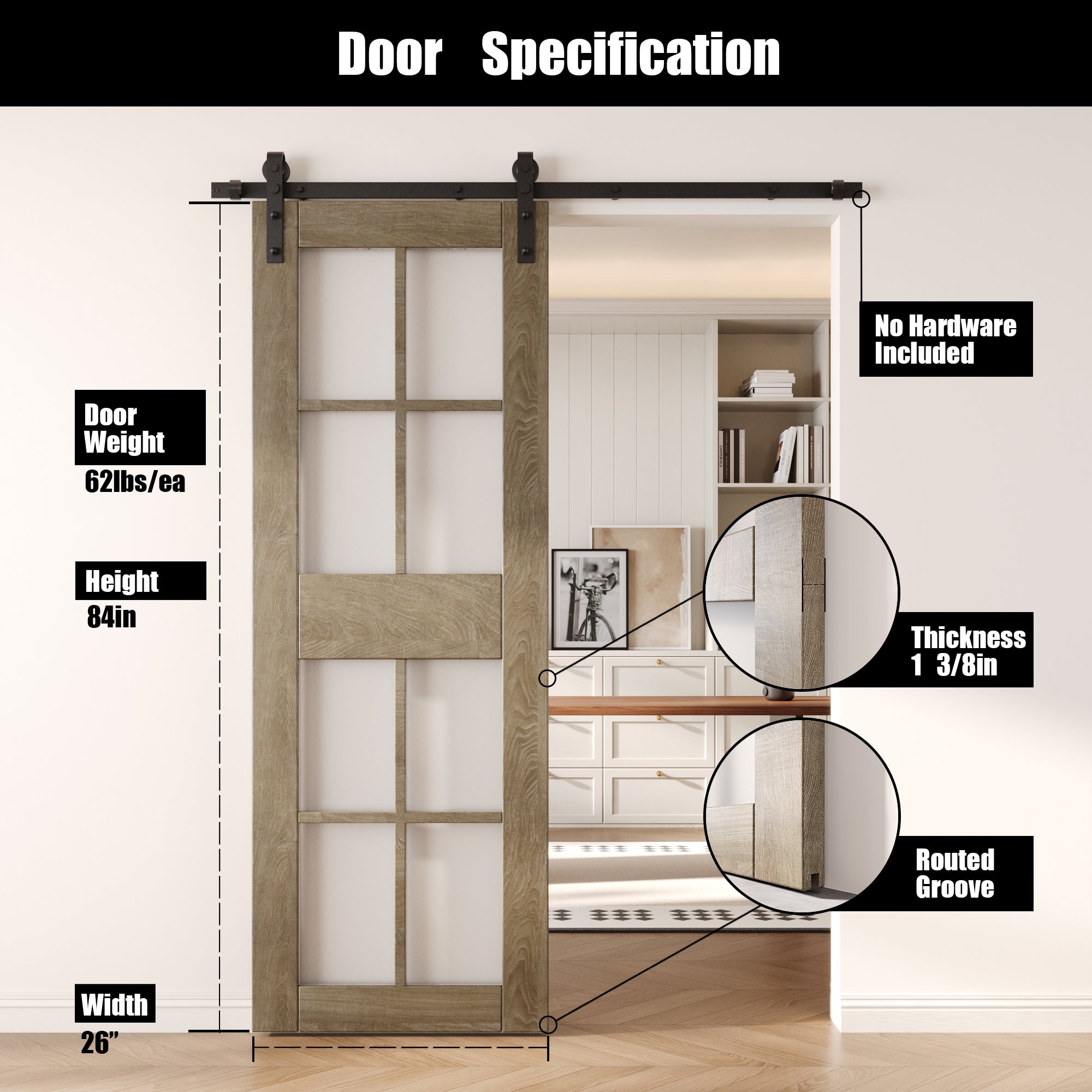 84" Height Classic Gray 8-Lite Frosted Glass Unassembled & Finished Pine Wood Barn Door (Interior Use Only)