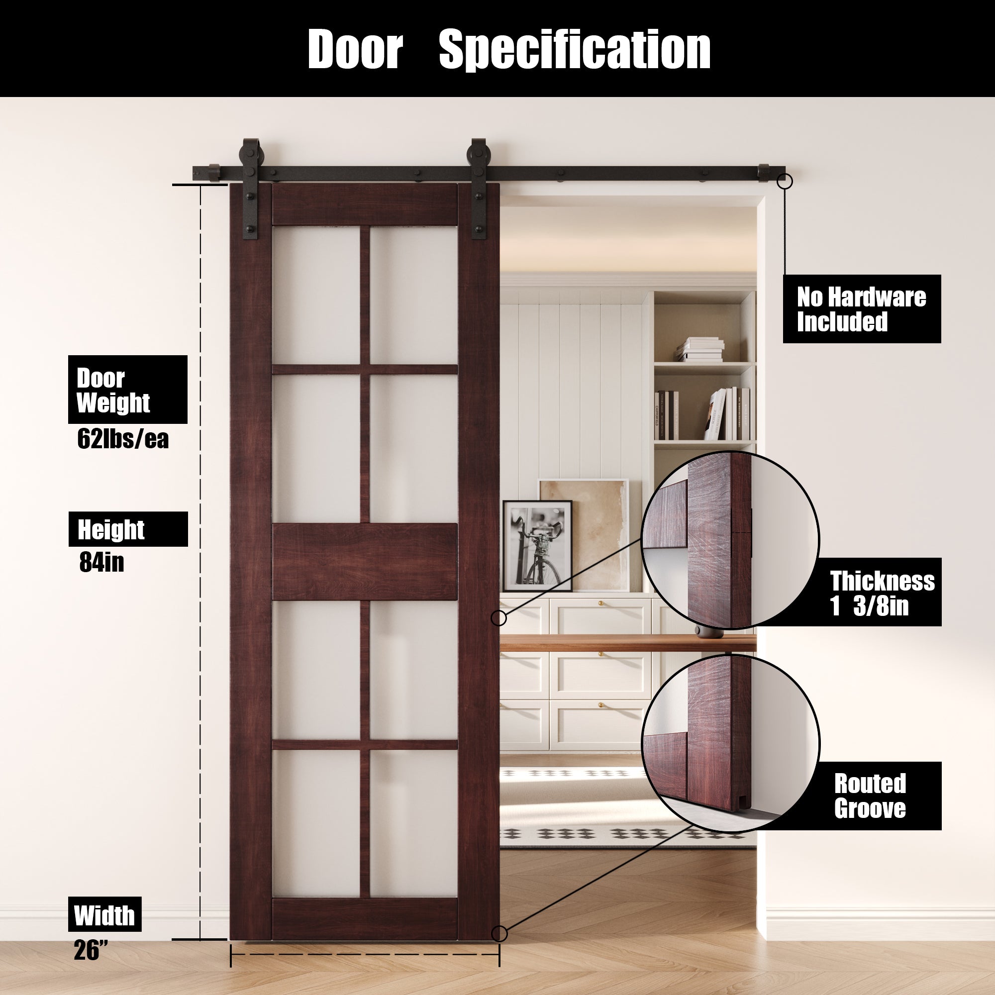 84" Height Red Mahogany 8-Lite Frosted Glass Unassembled & Finished Pine Wood Barn Door (Interior Use Only)