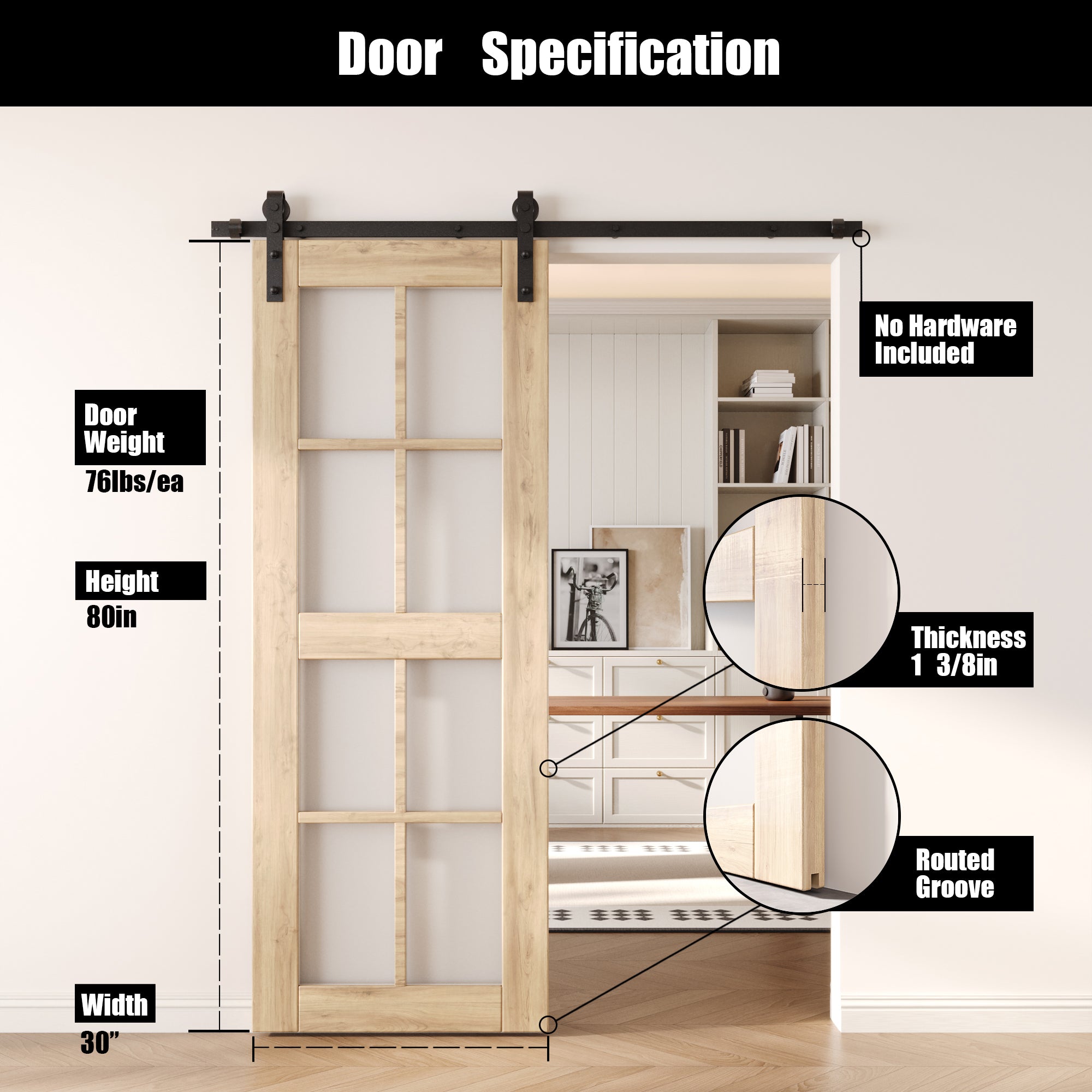 80" Height 8-Lite Frosted Glass Unassembled & Unfinished Pine Wood Barn Door (Interior Use Only)