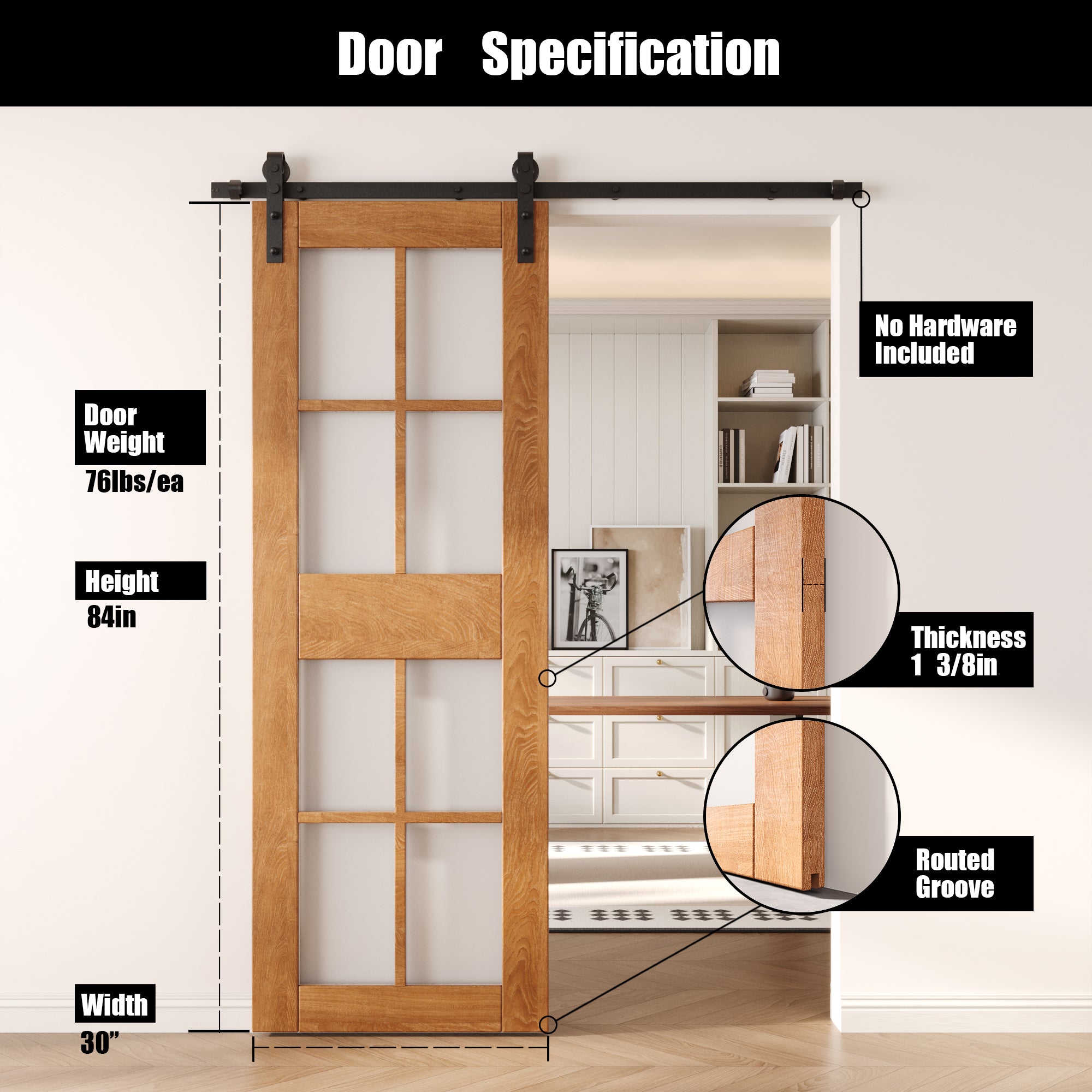 84" Height Early American 8-Lite Frosted Glass Unassembled & Finished Pine Wood Barn Door (Interior Use Only)