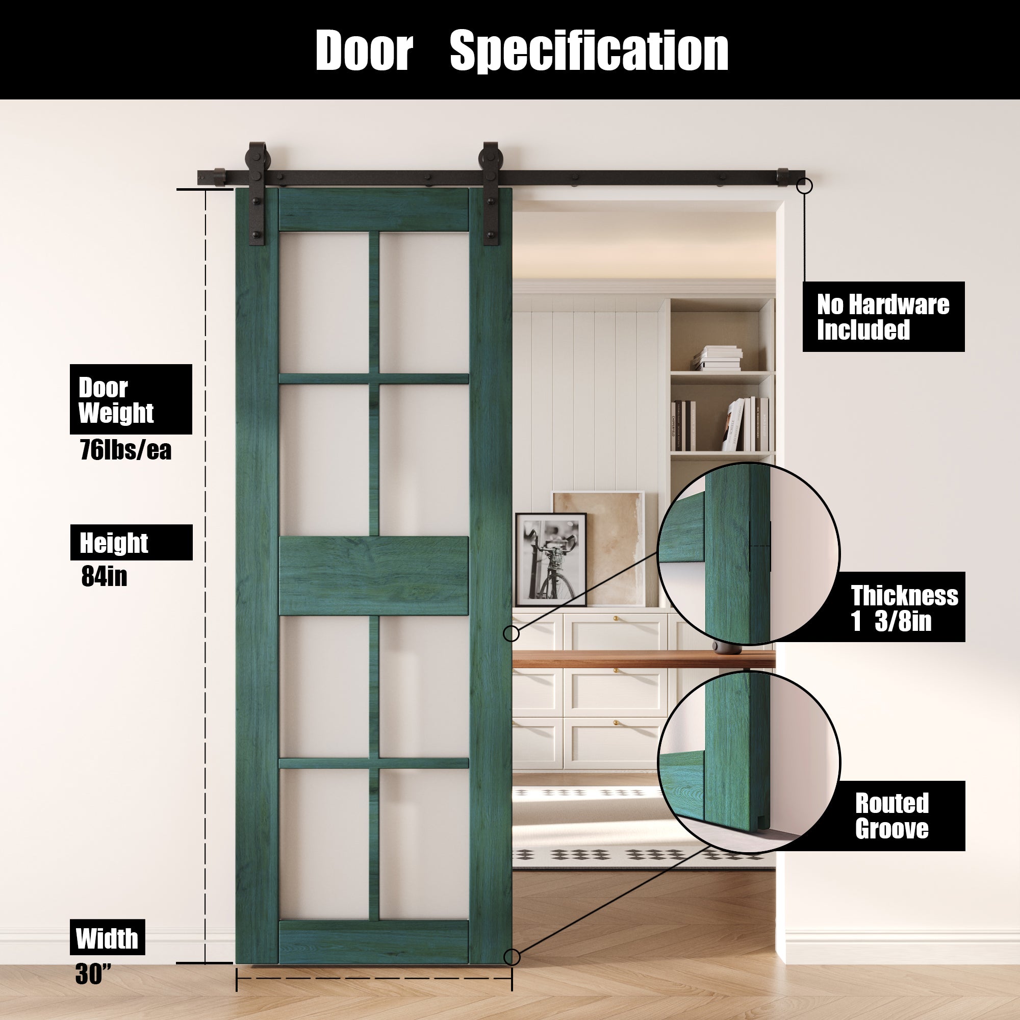 84" Height Royal Pine 8-Lite Frosted Glass Unassembled & Finished Pine Wood Barn Door (Interior Use Only)