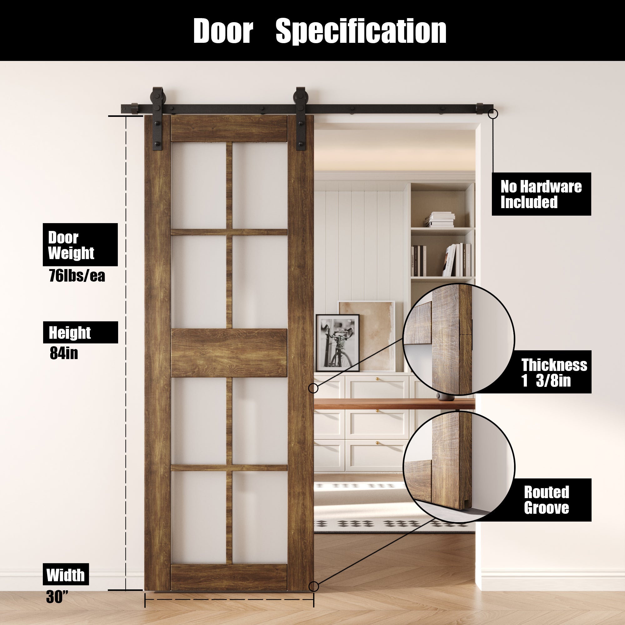 84" Height Dark Walnut 8-Lite Frosted Glass Unassembled & Finished Pine Wood Barn Door (Interior Use Only)