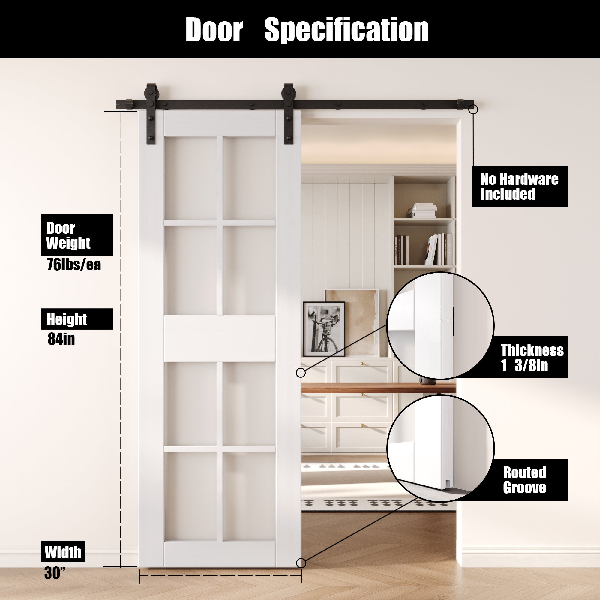 84" Height White 8-Lite Frosted Glass Unassembled & Finished Pine Wood Barn Door (Interior Use Only)