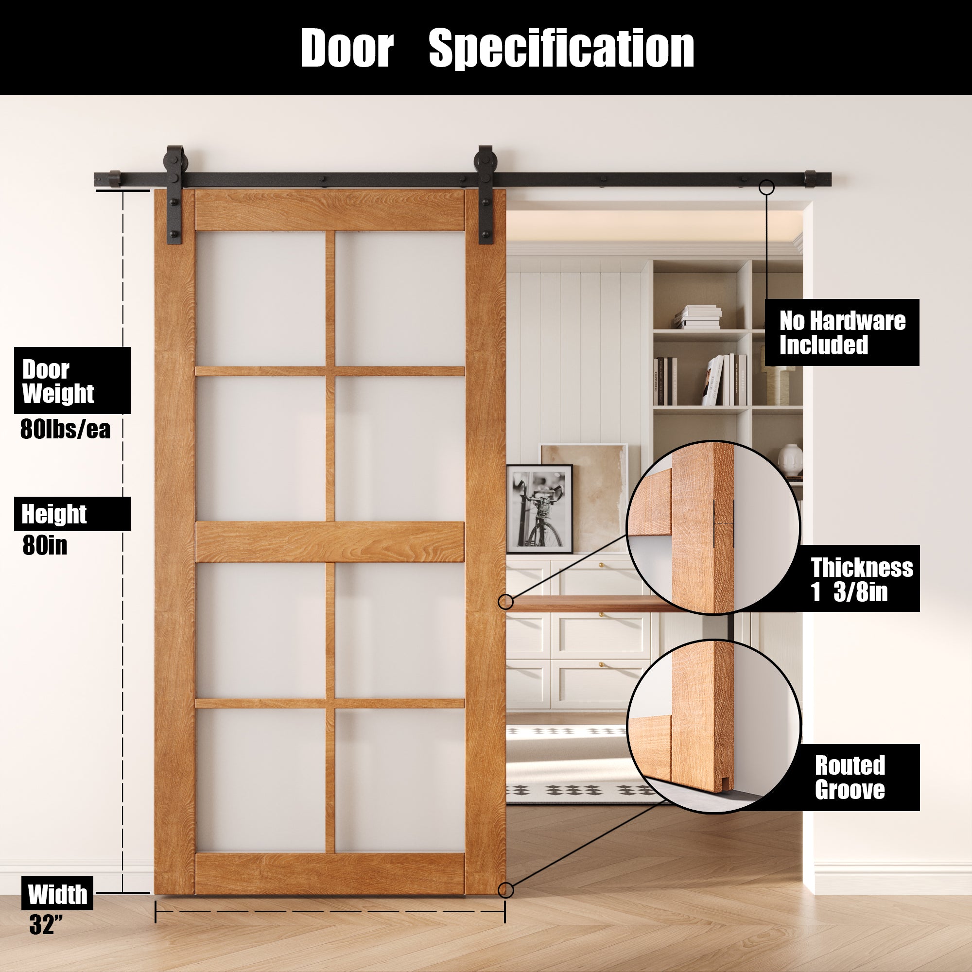 80" Height Early American 8-Lite Frosted Glass Unassembled & Finished Pine Wood Barn Door (Interior Use Only)