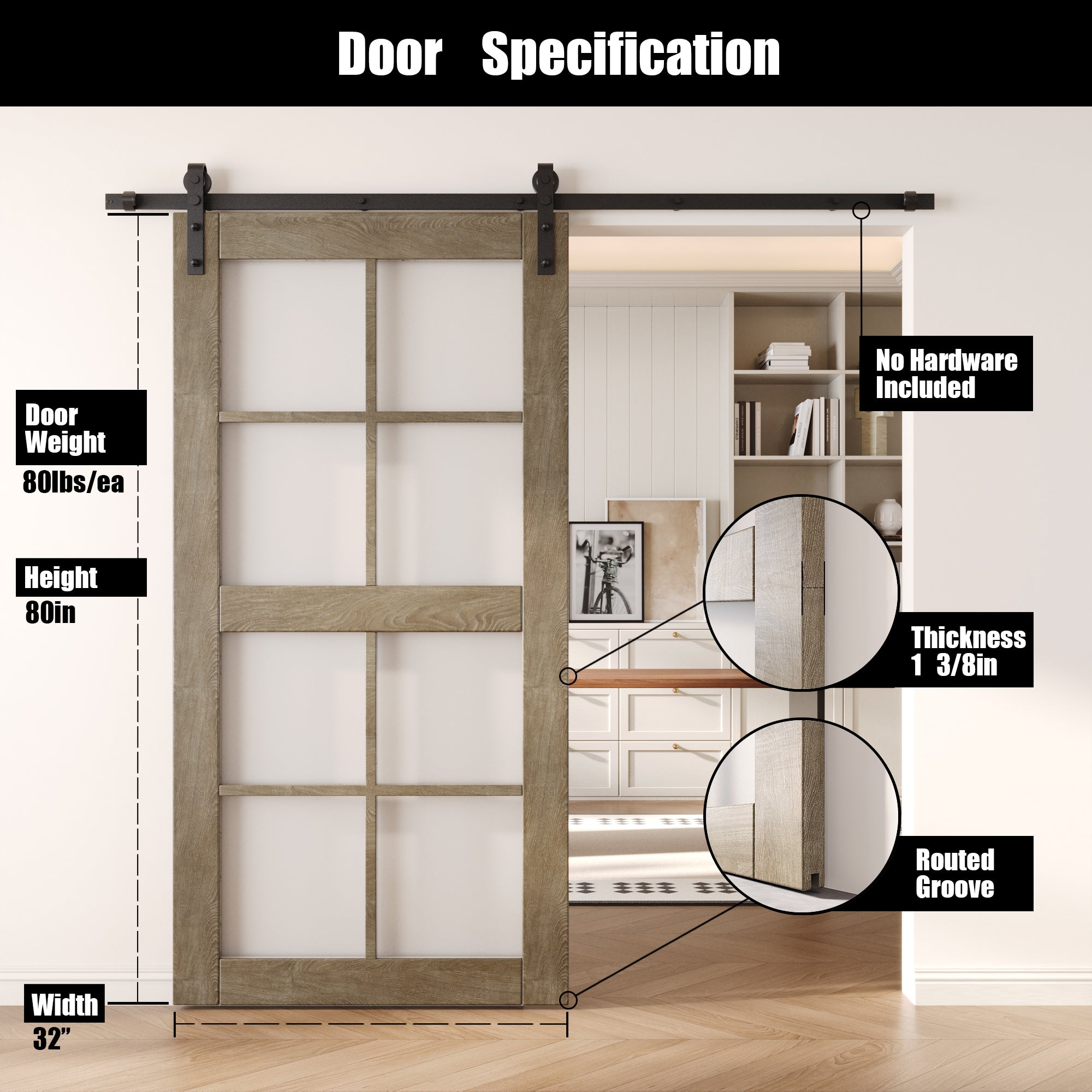 80" Height Classic Gray 8-Lite Frosted Glass Unassembled & Finished Pine Wood Barn Door (Interior Use Only)