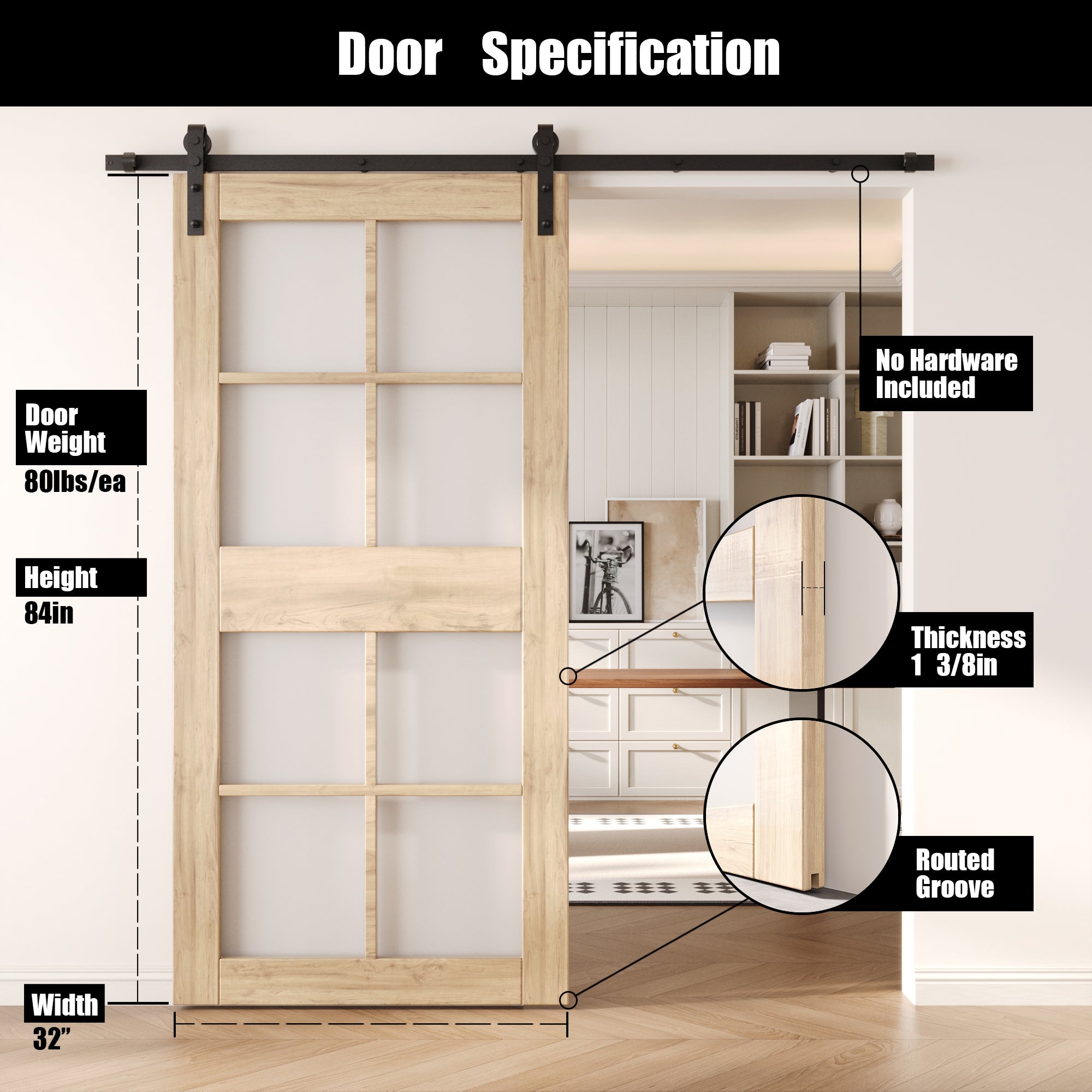 84" Height 8-Lite Frosted Glass Unassembled & Unfinished Pine Wood Barn Door (Interior Use Only)