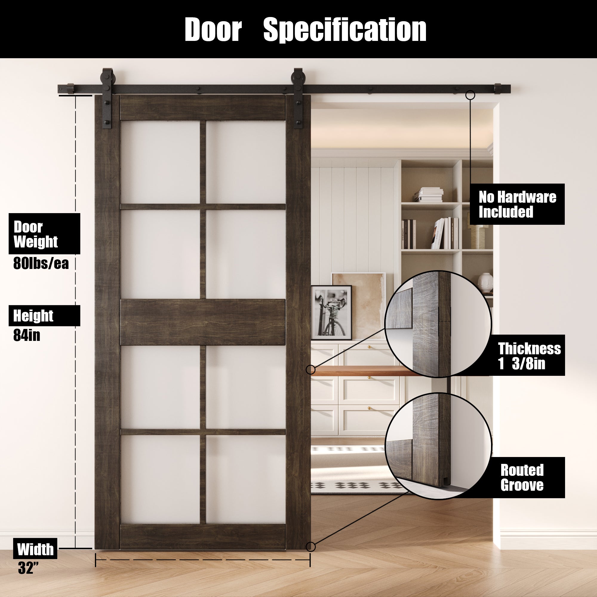 84" Height Ebony 8-Lite Frosted Glass Unassembled & Finished Pine Wood Barn Door (Interior Use Only)