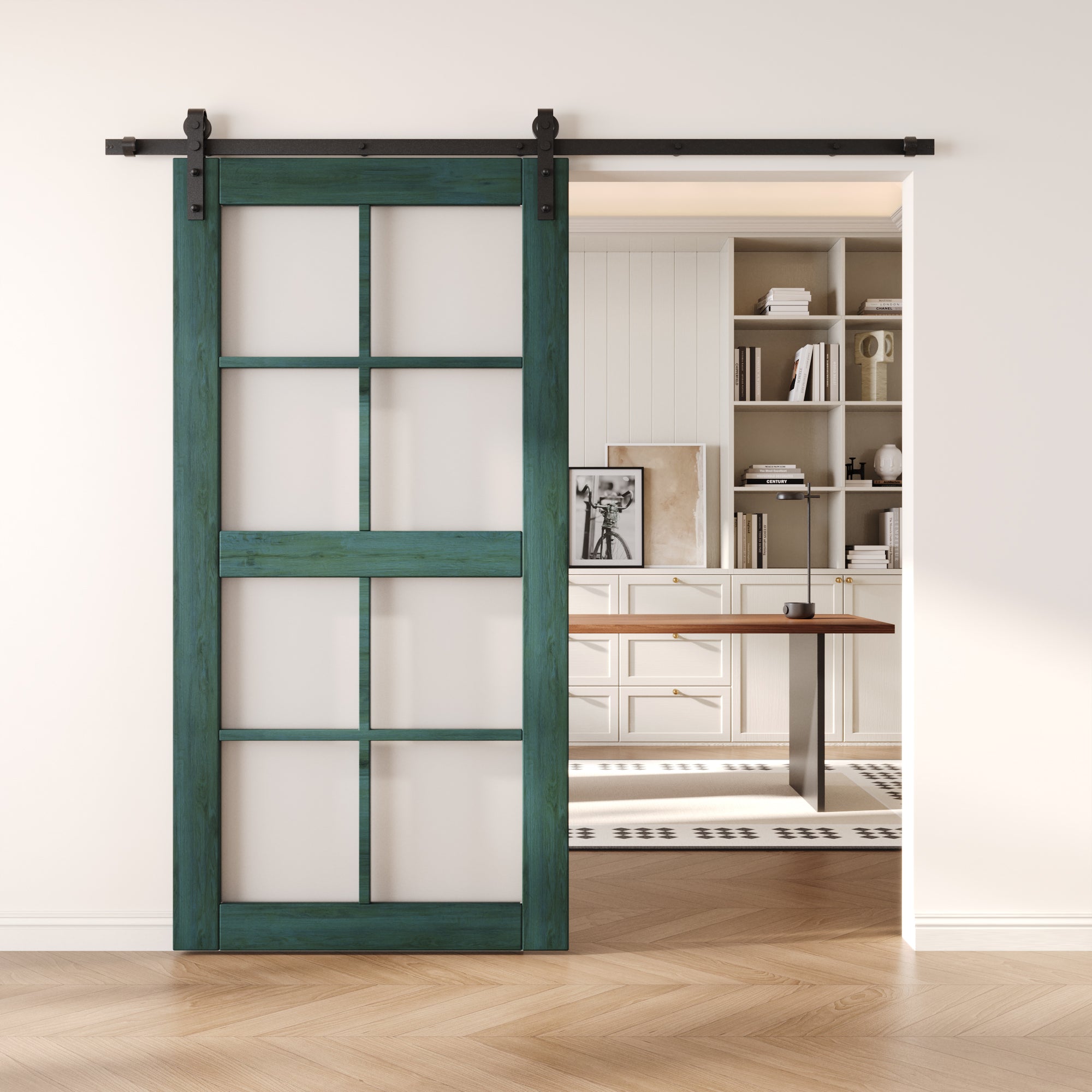 80" Height Royal Pine 8-Lite Frosted Glass Unassembled & Finished Pine Wood Barn Door (Interior Use Only)