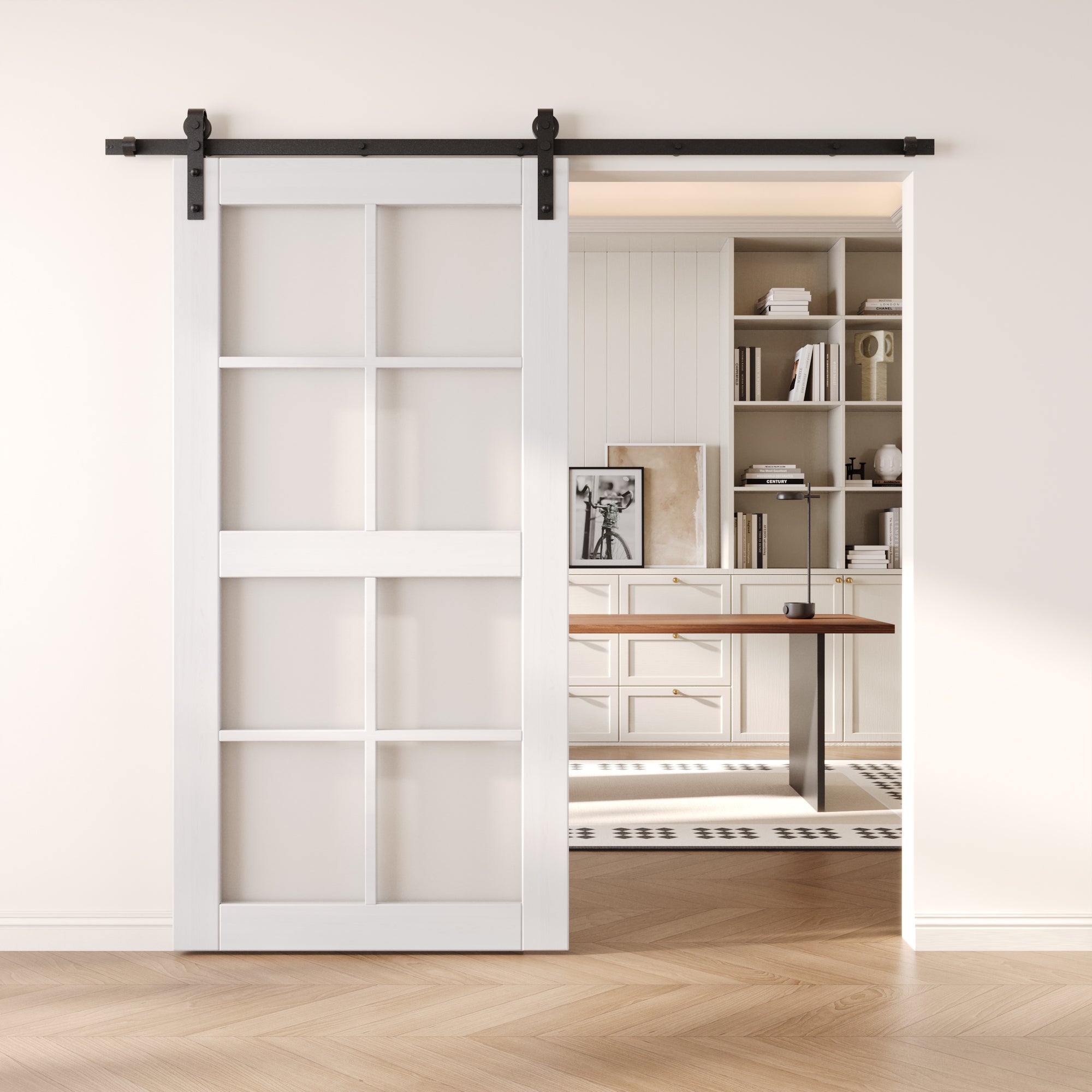 80" Height White 8-Lite Frosted Glass Unassembled & Finished Pine Wood Barn Door (Interior Use Only)