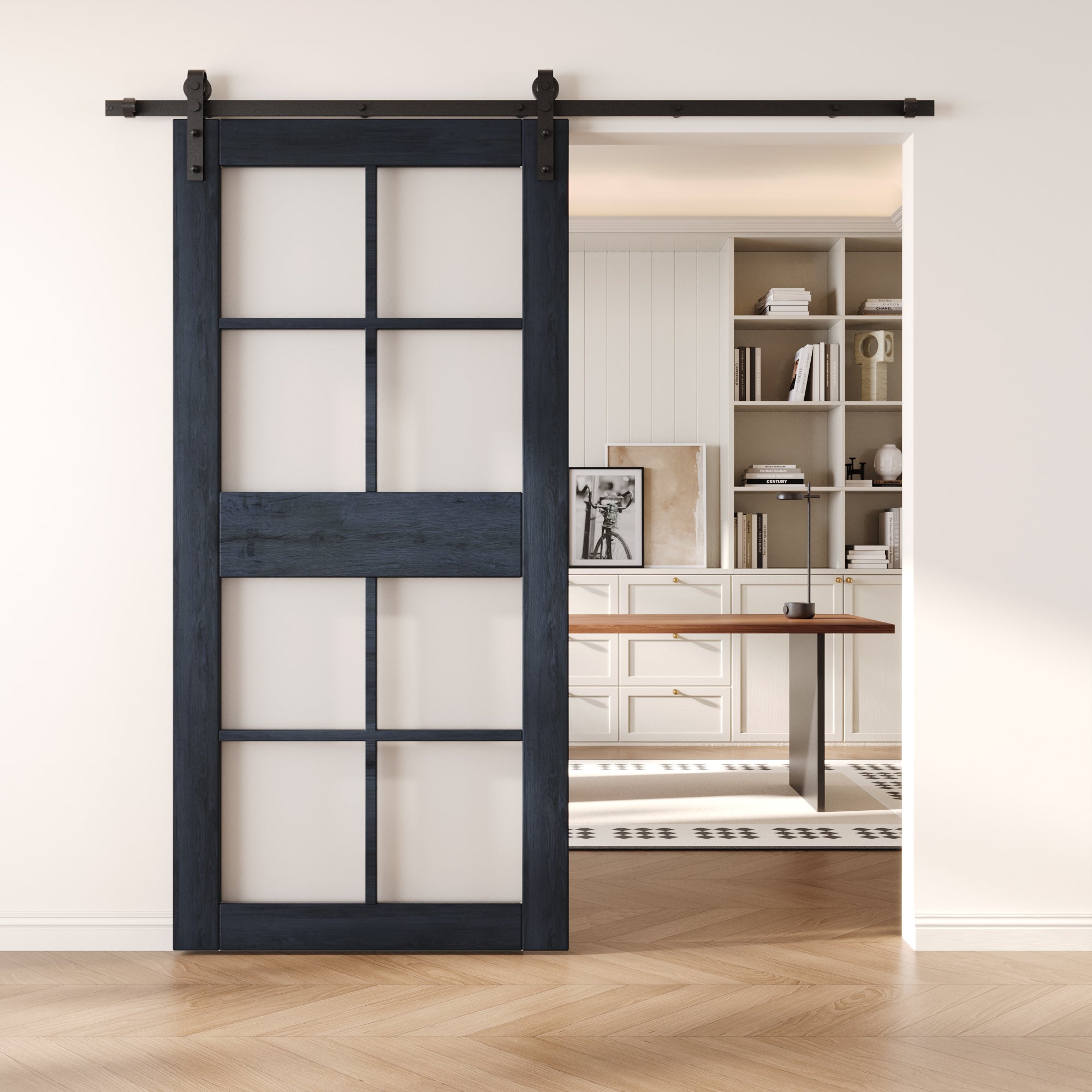 84" Height Navy 8-Lite Frosted Glass Unassembled & Finished Pine Wood Barn Door (Interior Use Only)