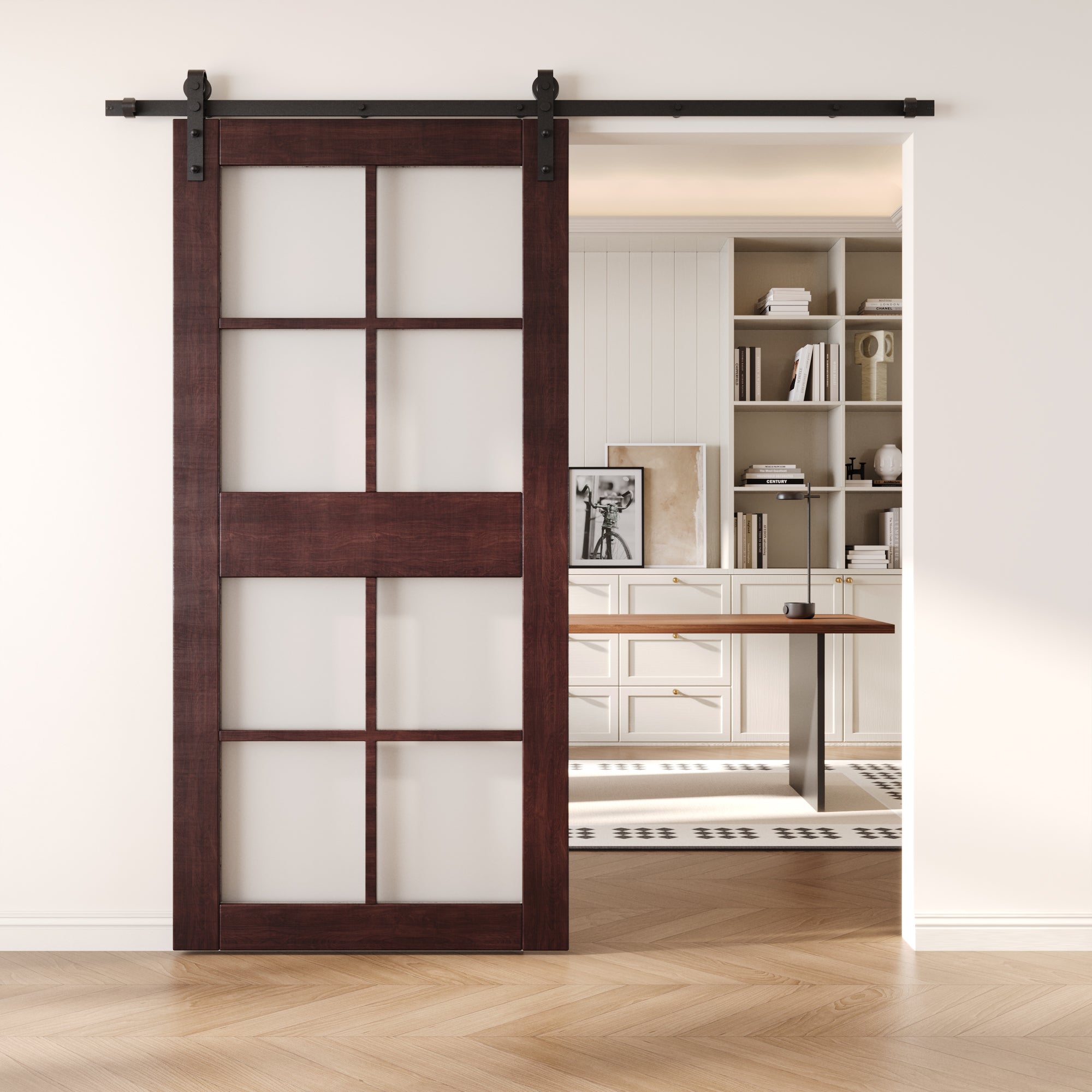 84" Height Red Mahogany 8-Lite Frosted Glass Unassembled & Finished Pine Wood Barn Door (Interior Use Only)