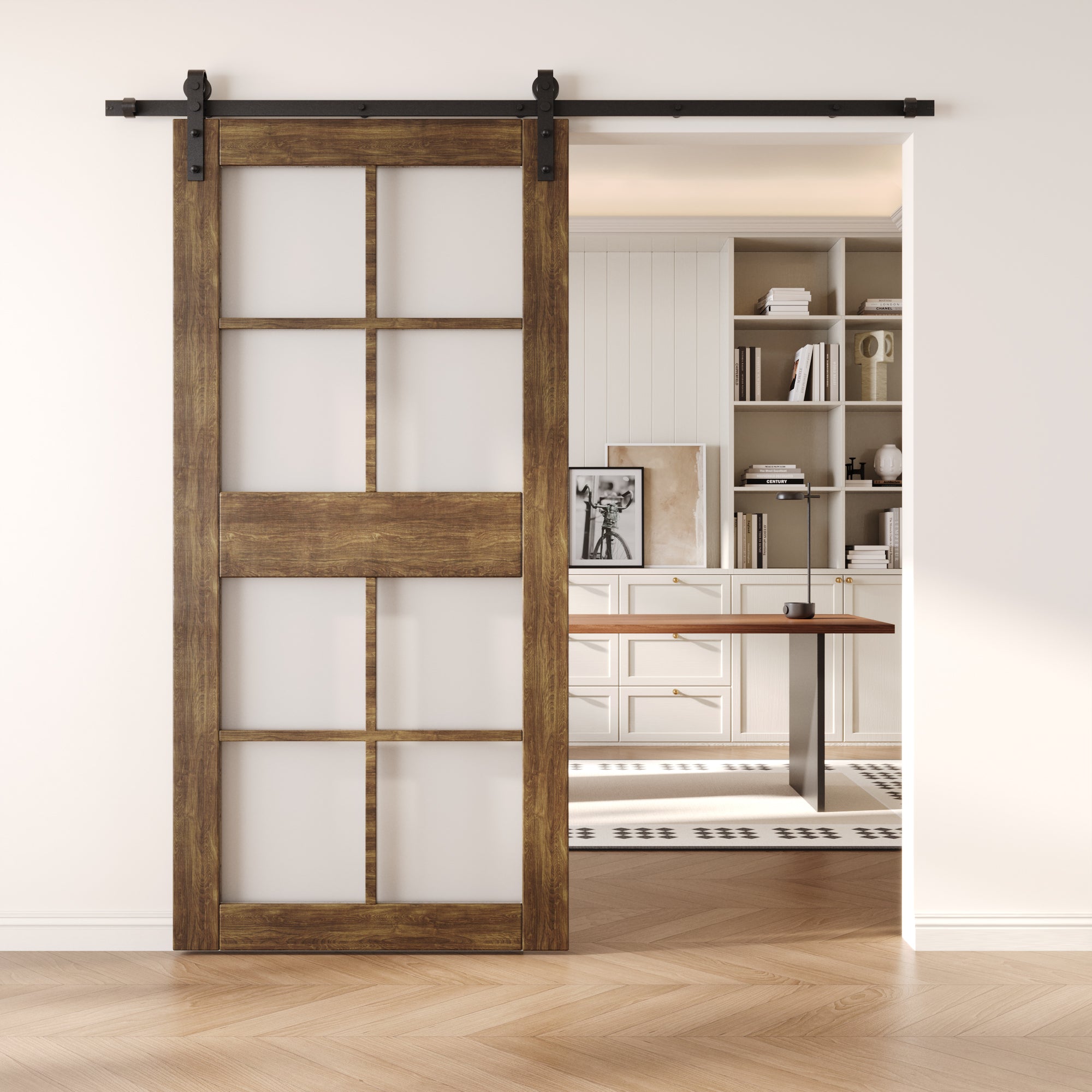 84" Height Dark Walnut 8-Lite Frosted Glass Unassembled & Finished Pine Wood Barn Door (Interior Use Only)