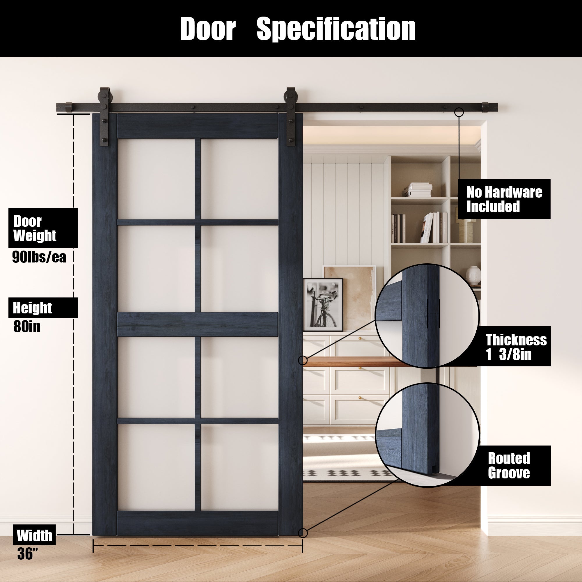80" Height Navy 8-Lite Frosted Glass Unassembled & Finished Pine Wood Barn Door (Interior Use Only)