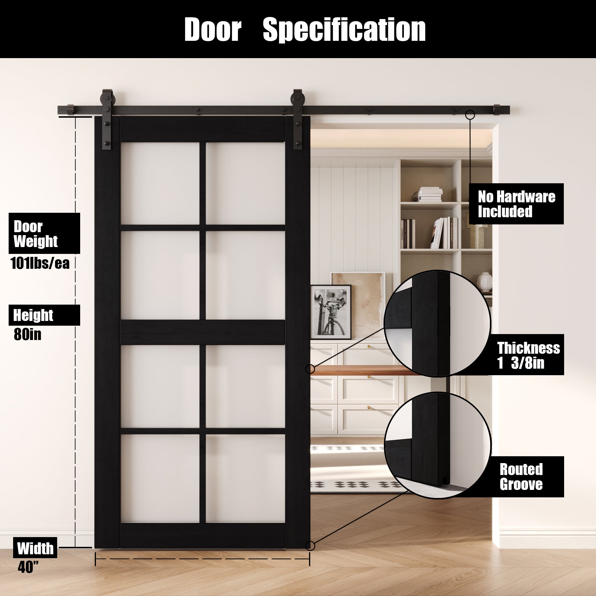 80" Height Black 8-Lite Frosted Glass Unassembled & Finished Pine Wood Barn Door (Interior Use Only)