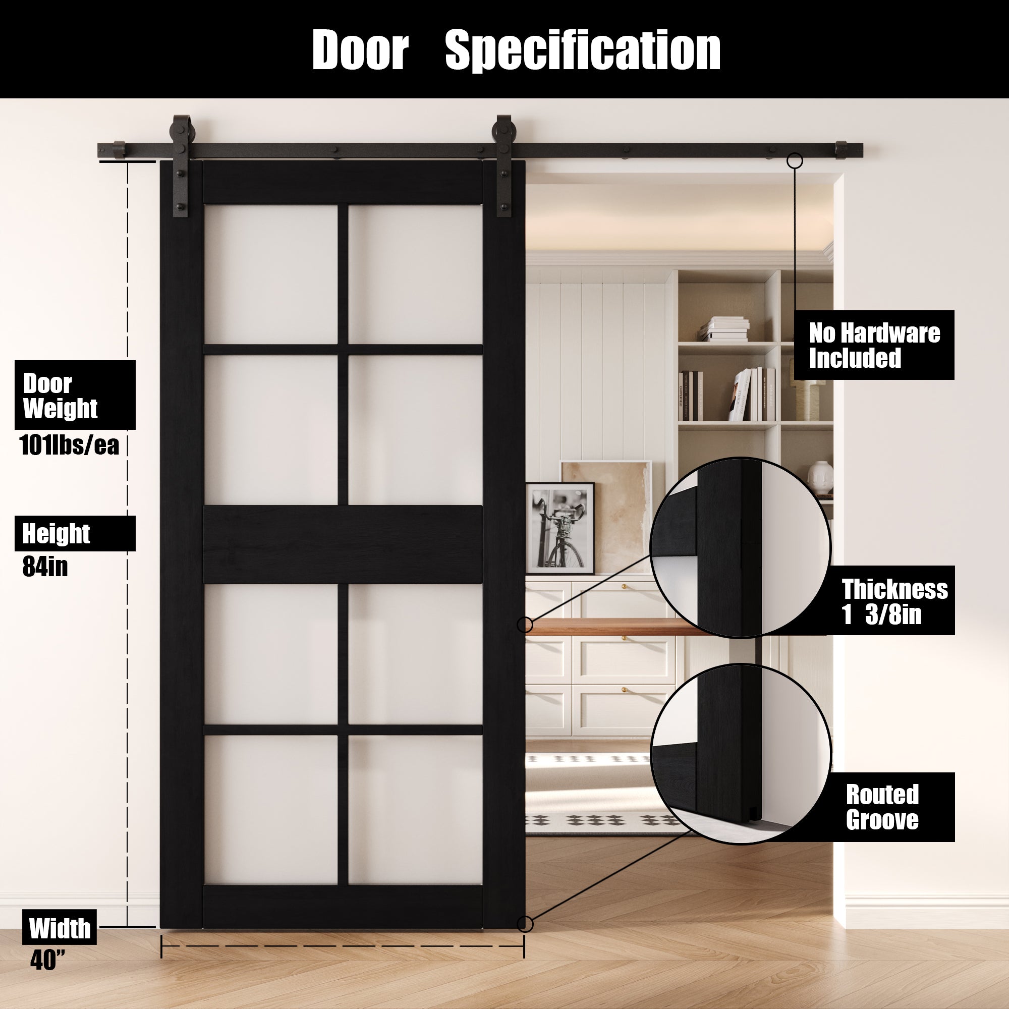 84" Height Black 8-Lite Frosted Glass Unassembled & Finished Pine Wood Barn Door (Interior Use Only)