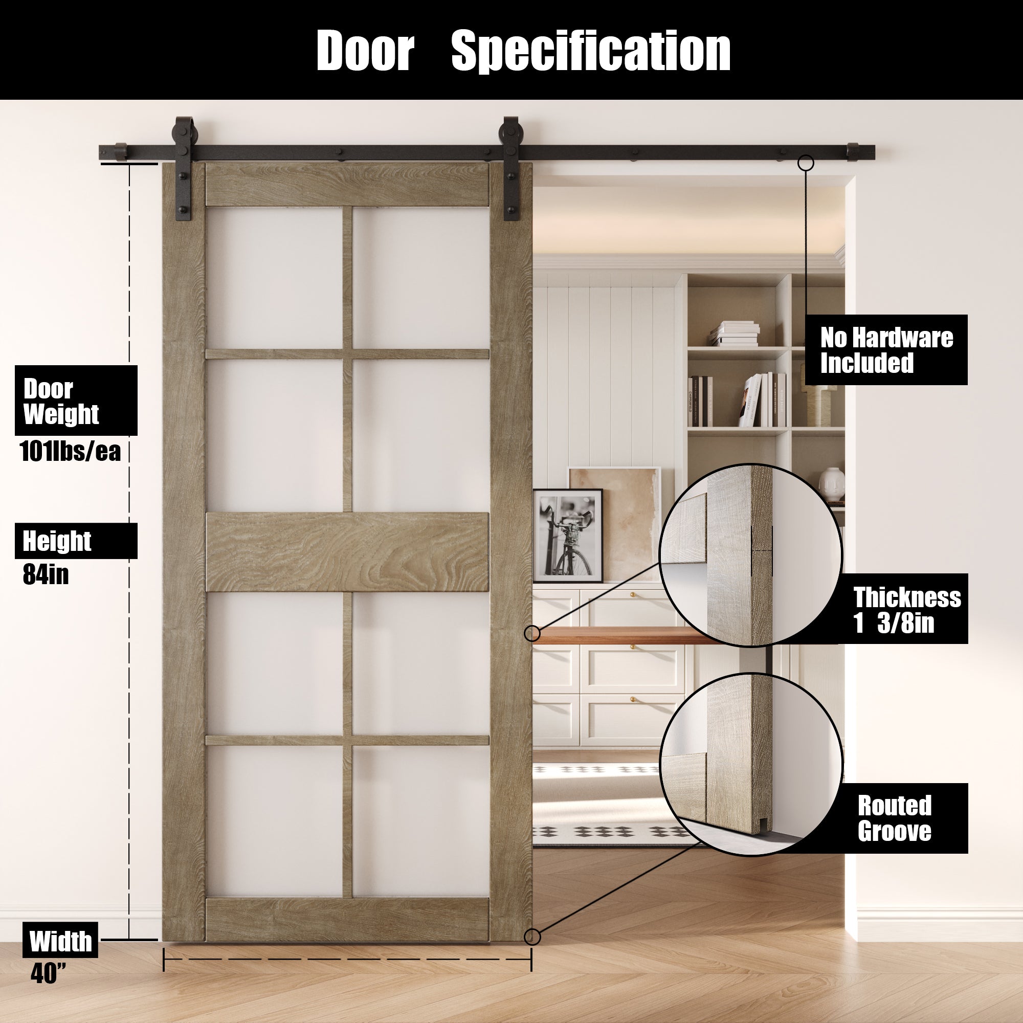 84" Height Classic Gray 8-Lite Frosted Glass Unassembled & Finished Pine Wood Barn Door (Interior Use Only)