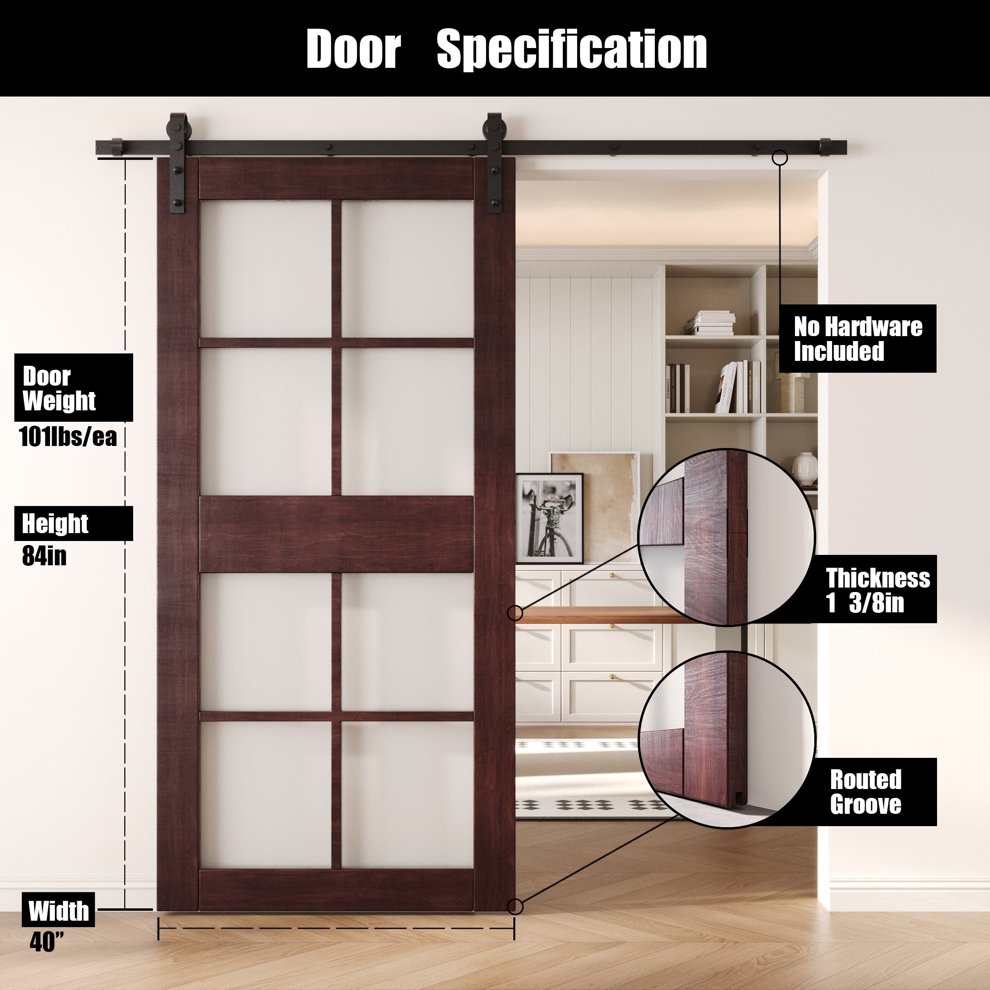 84" Height Red Mahogany 8-Lite Frosted Glass Unassembled & Finished Pine Wood Barn Door (Interior Use Only)