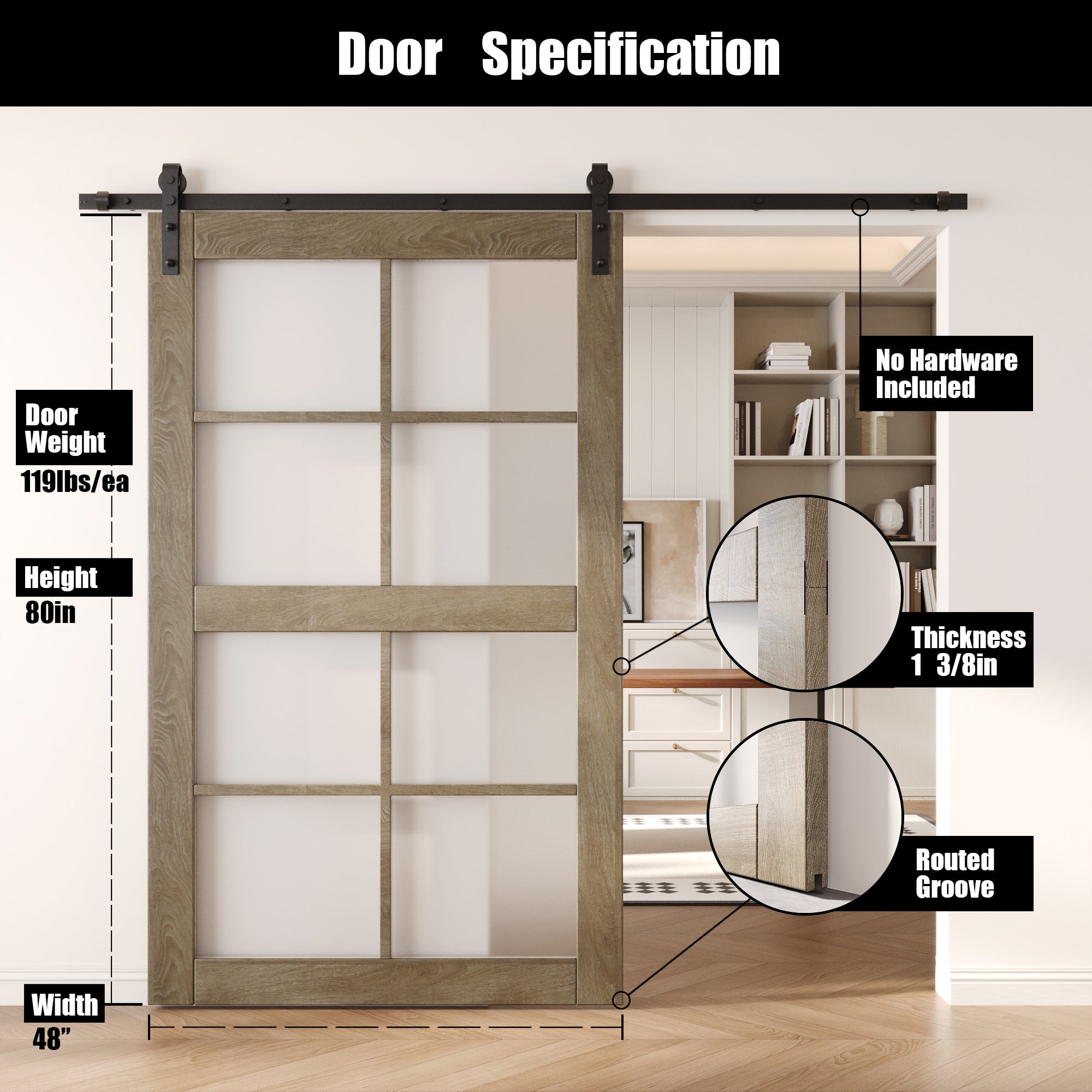 80" Height Classic Gray 8-Lite Frosted Glass Unassembled & Finished Pine Wood Barn Door (Interior Use Only)