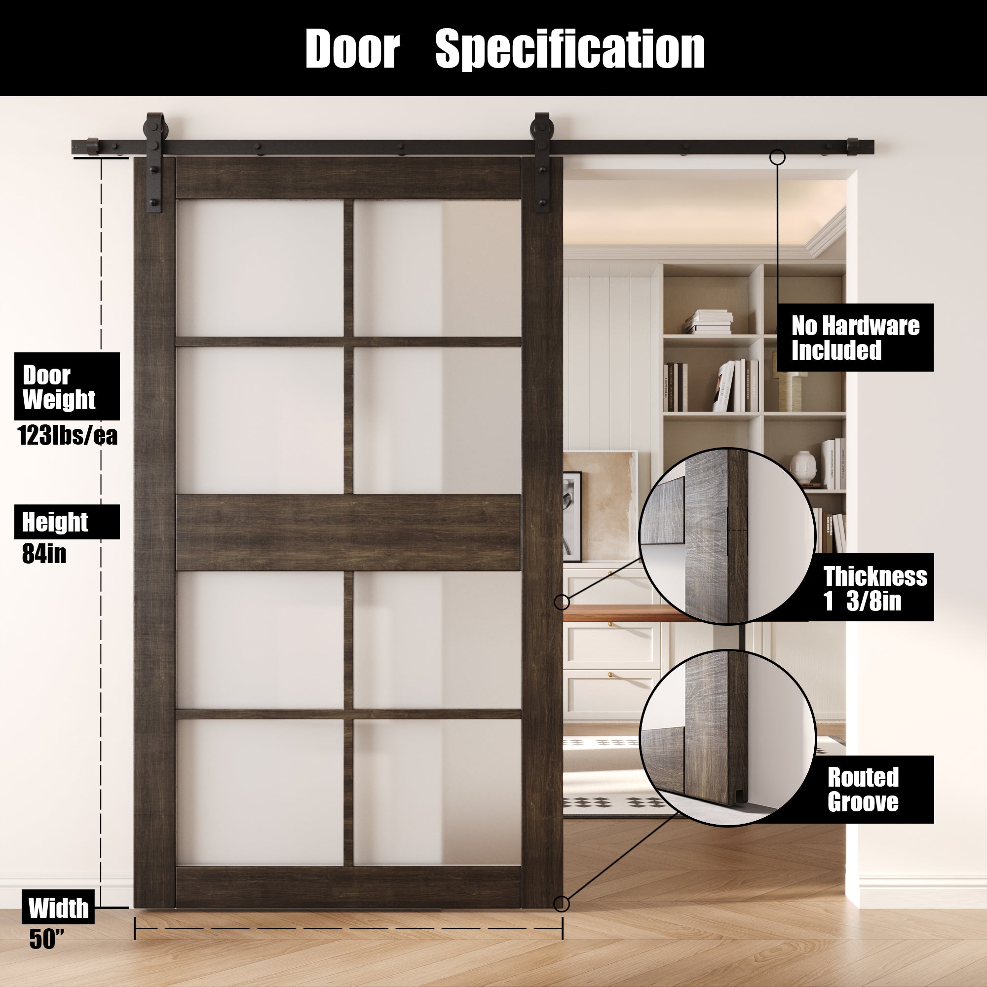 84" Height Ebony 8-Lite Frosted Glass Unassembled & Finished Pine Wood Barn Door (Interior Use Only)