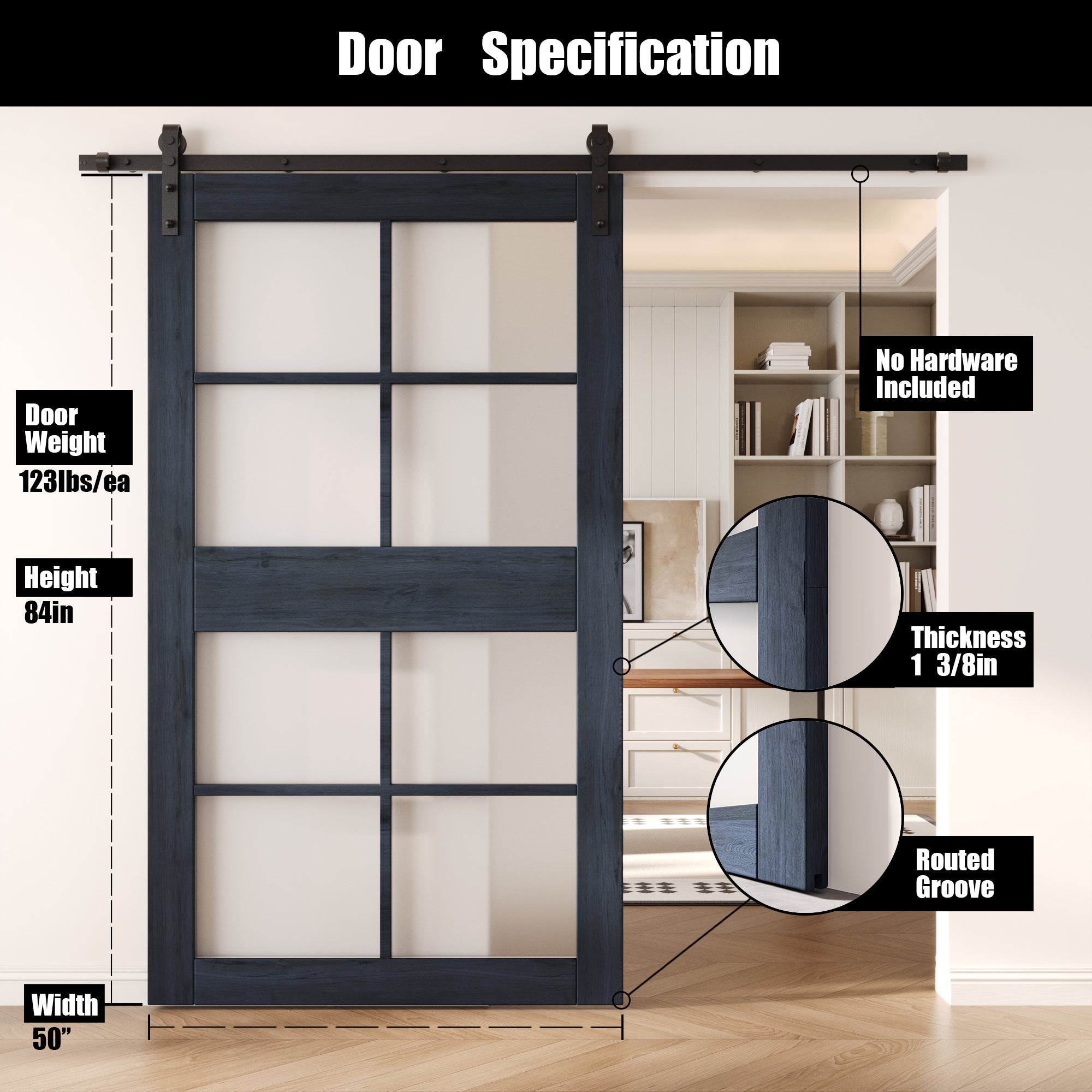 84" Height Navy 8-Lite Frosted Glass Unassembled & Finished Pine Wood Barn Door (Interior Use Only)