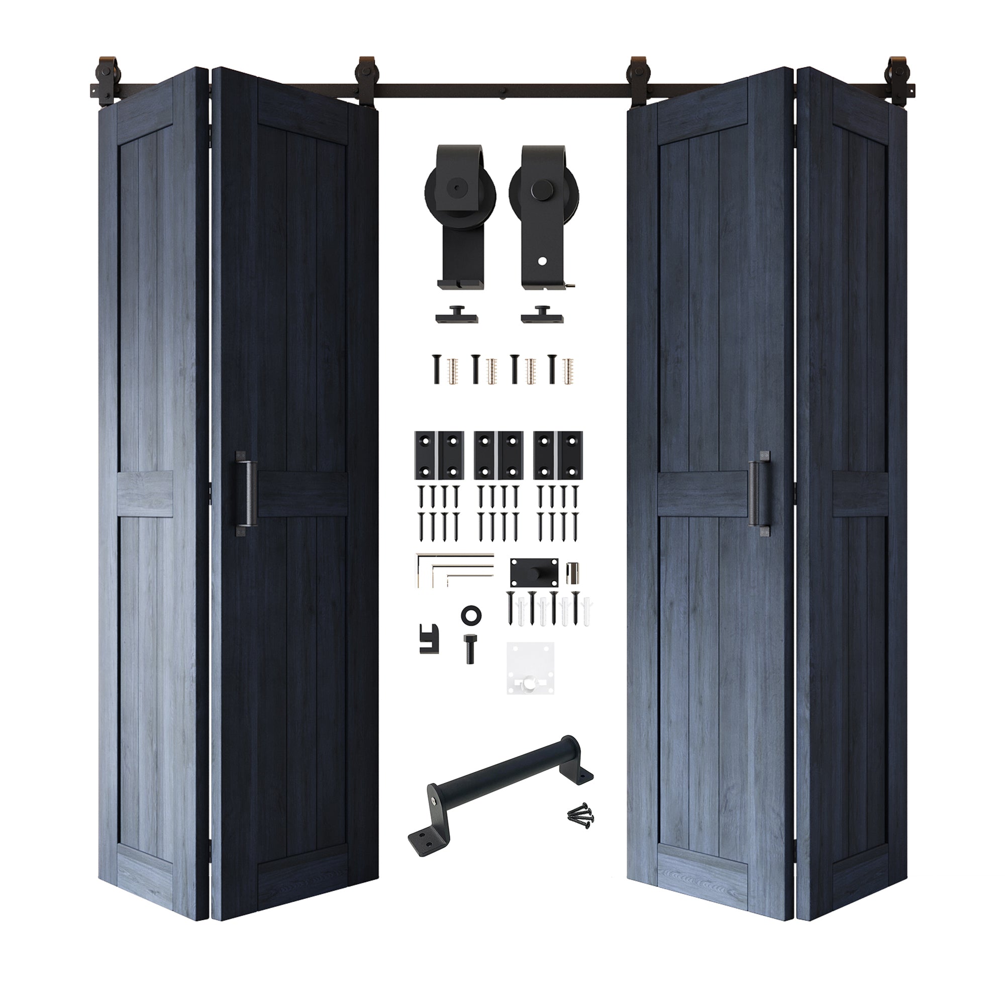 5-in-1 84in Navy Finished Barn Door with Bi-Fold Top Mount Hardware 4 Door Kit - T-shape Roller