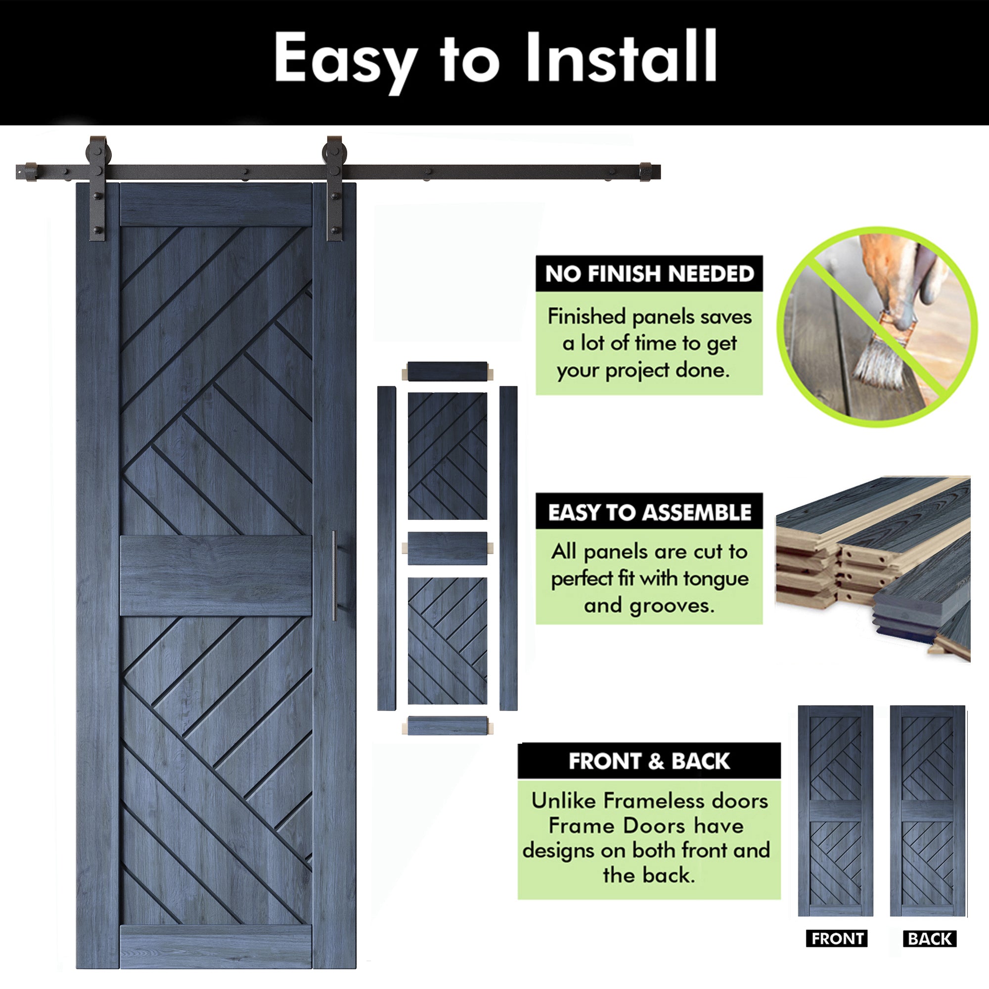 84" Height Navy Geometric Design Unassembled & Finished Double Pine Wood Barn Door with Non-Bypass Installation Hardware Kit(Interior Use Only)