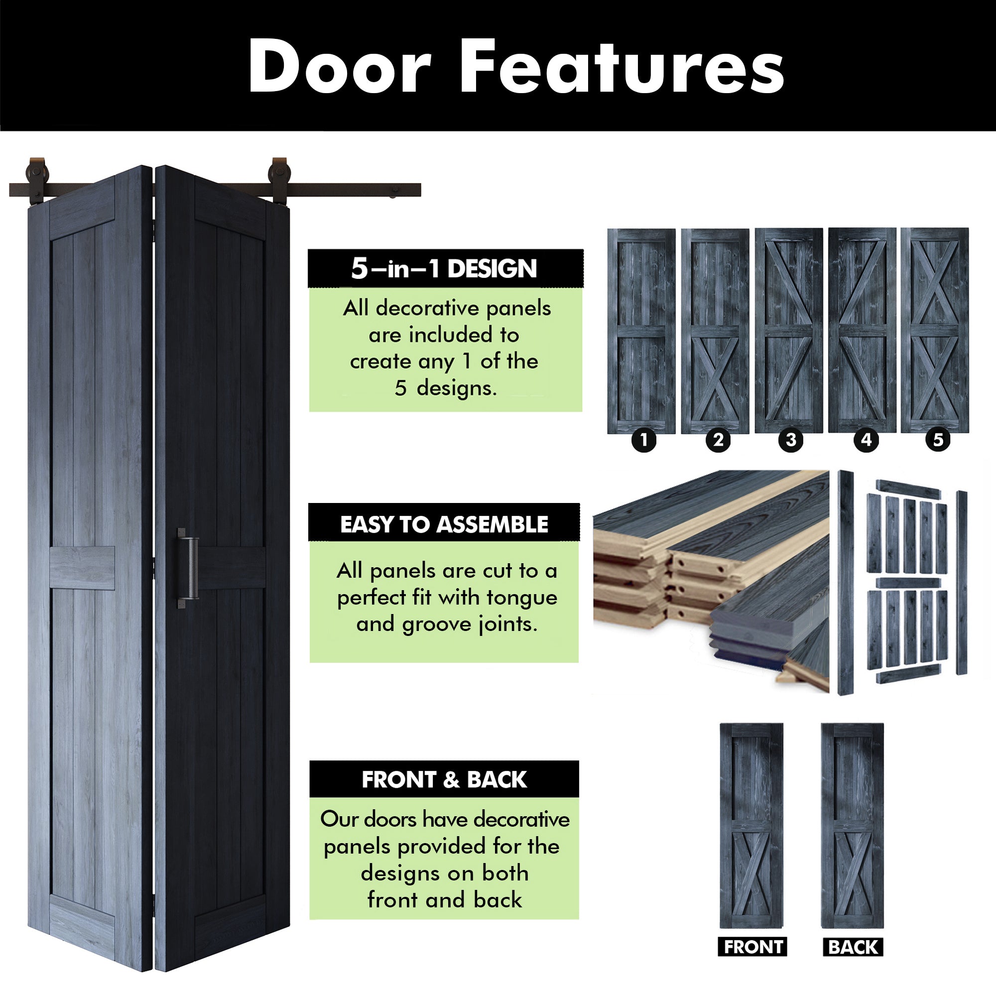 5-in-1 80in Navy Finished Barn Door with Bi-Fold Top Mount Hardware Kit - T-shape Roller