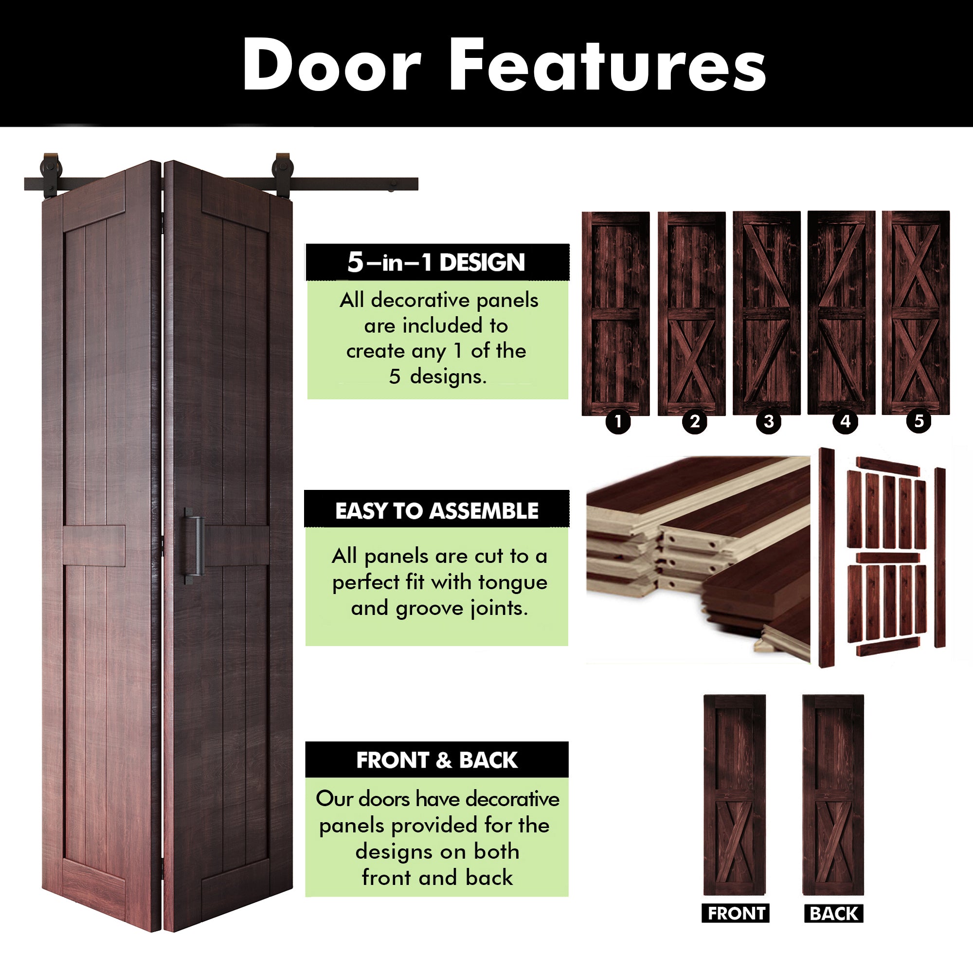 5-in-1 84in Red Mahogany Finished Barn Door with Bi-Fold Top Mount Hardware Kit - T-shape Roller