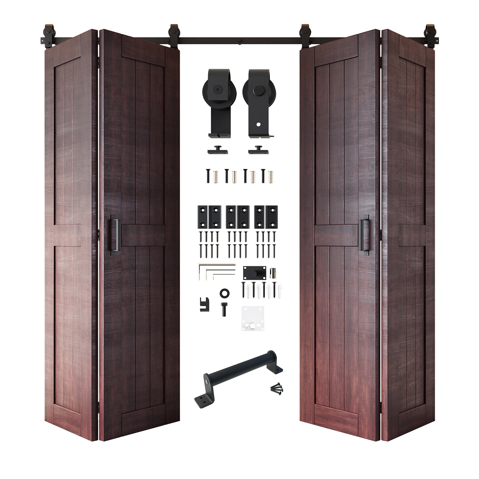 5-in-1 84in Red Mahogany Finished Barn Door with Bi-Fold Top Mount Hardware 4 Door Kit - T-shape Roller
