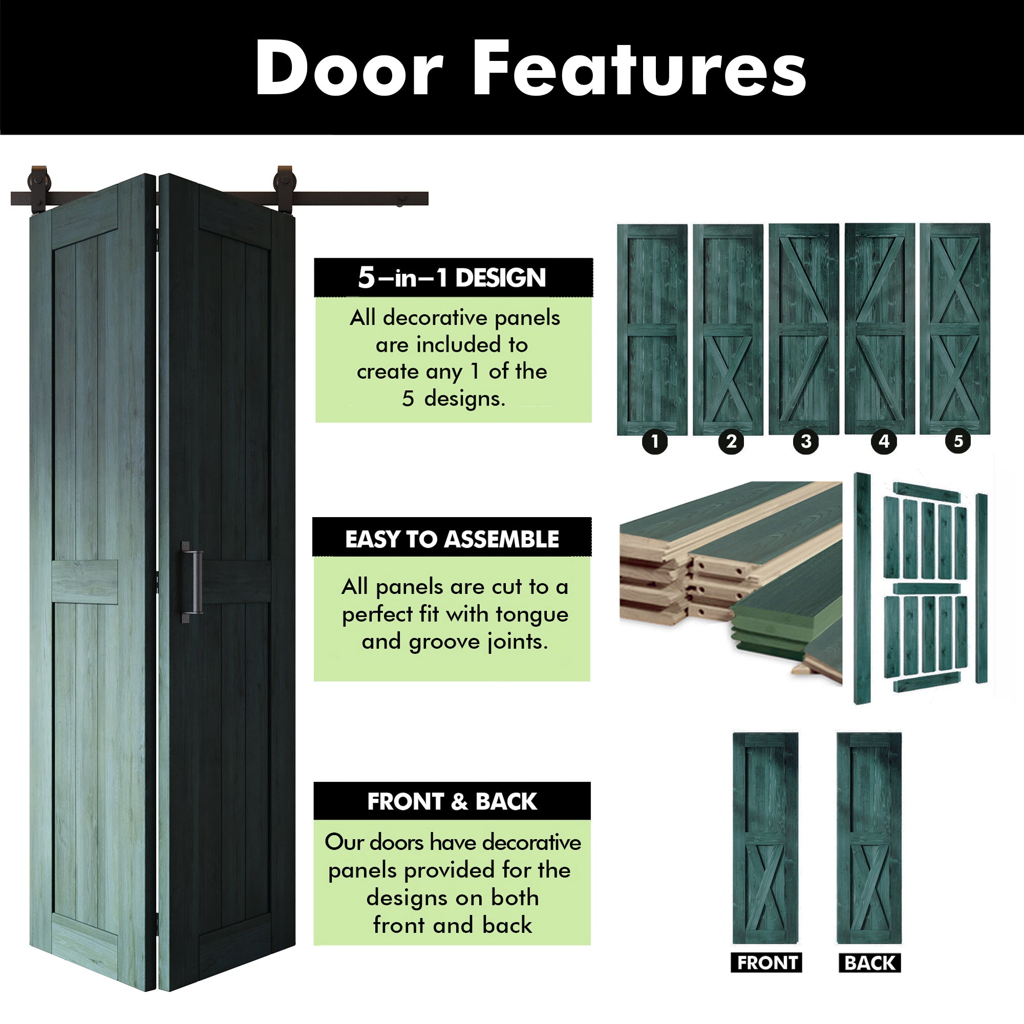 5-in-1 84in Royal Pine Finished Barn Door with Bi-Fold Top Mount Hardware Kit - T-shape Roller