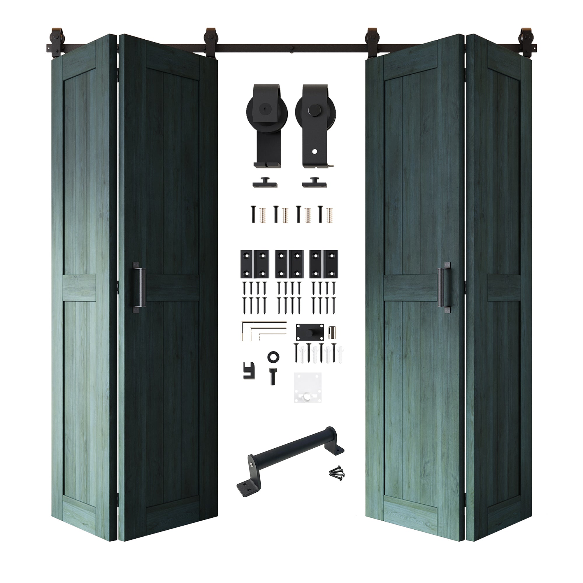 5-in-1 80in Royal Pine Finished Barn Door with Bi-Fold Top Mount Hardware 4 Door Kit - T-shape Roller