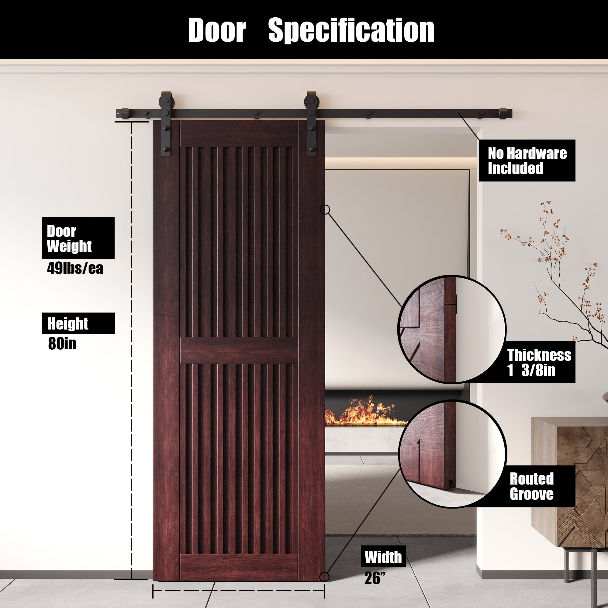80" Height Red Mahogany Vertical Stripe Design Unassembled & Finished Pine Wood Barn Door (Interior Use Only)