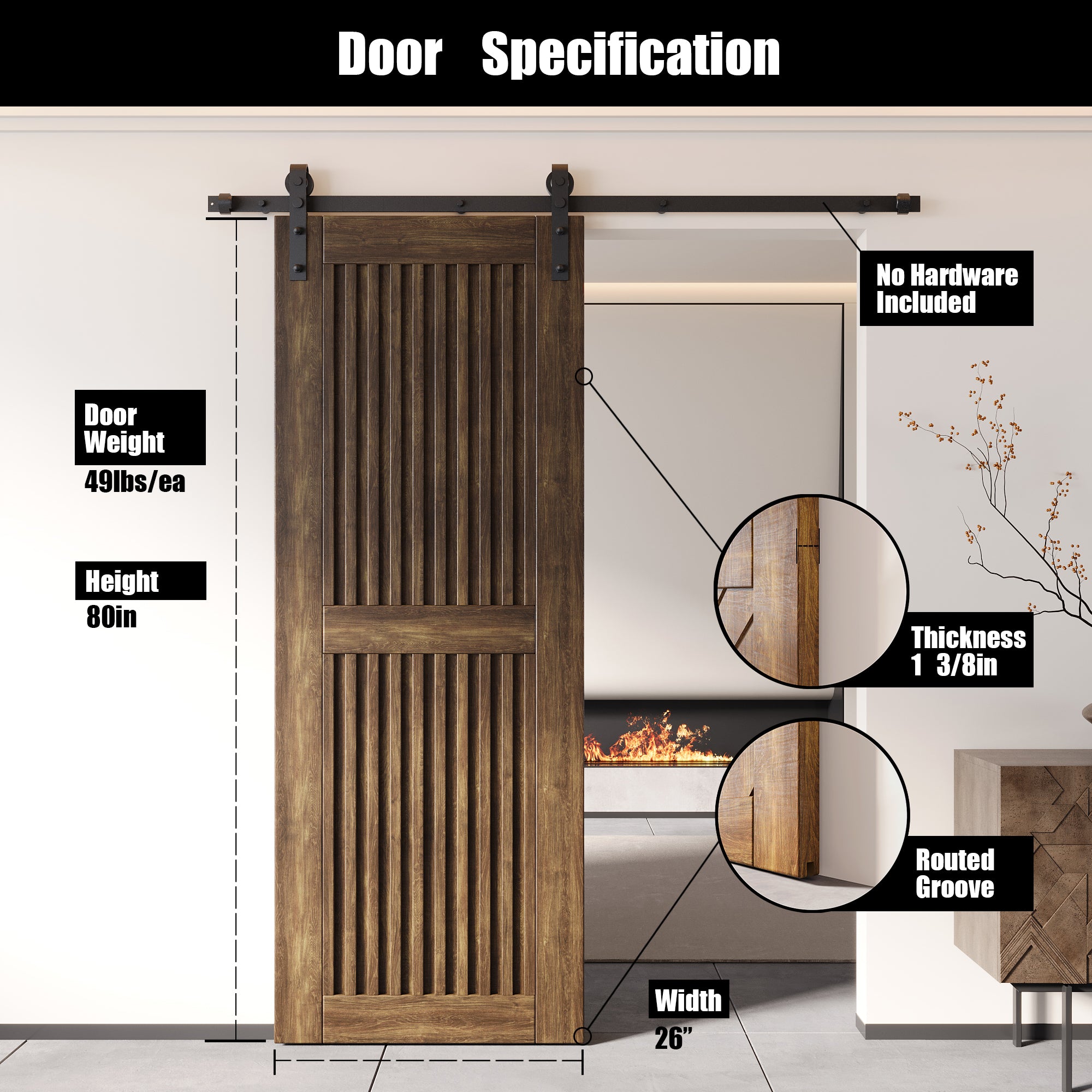 80" Height Dark Walnut Vertical Stripe Design Unassembled & Finished Pine Wood Barn Door (Interior Use Only)