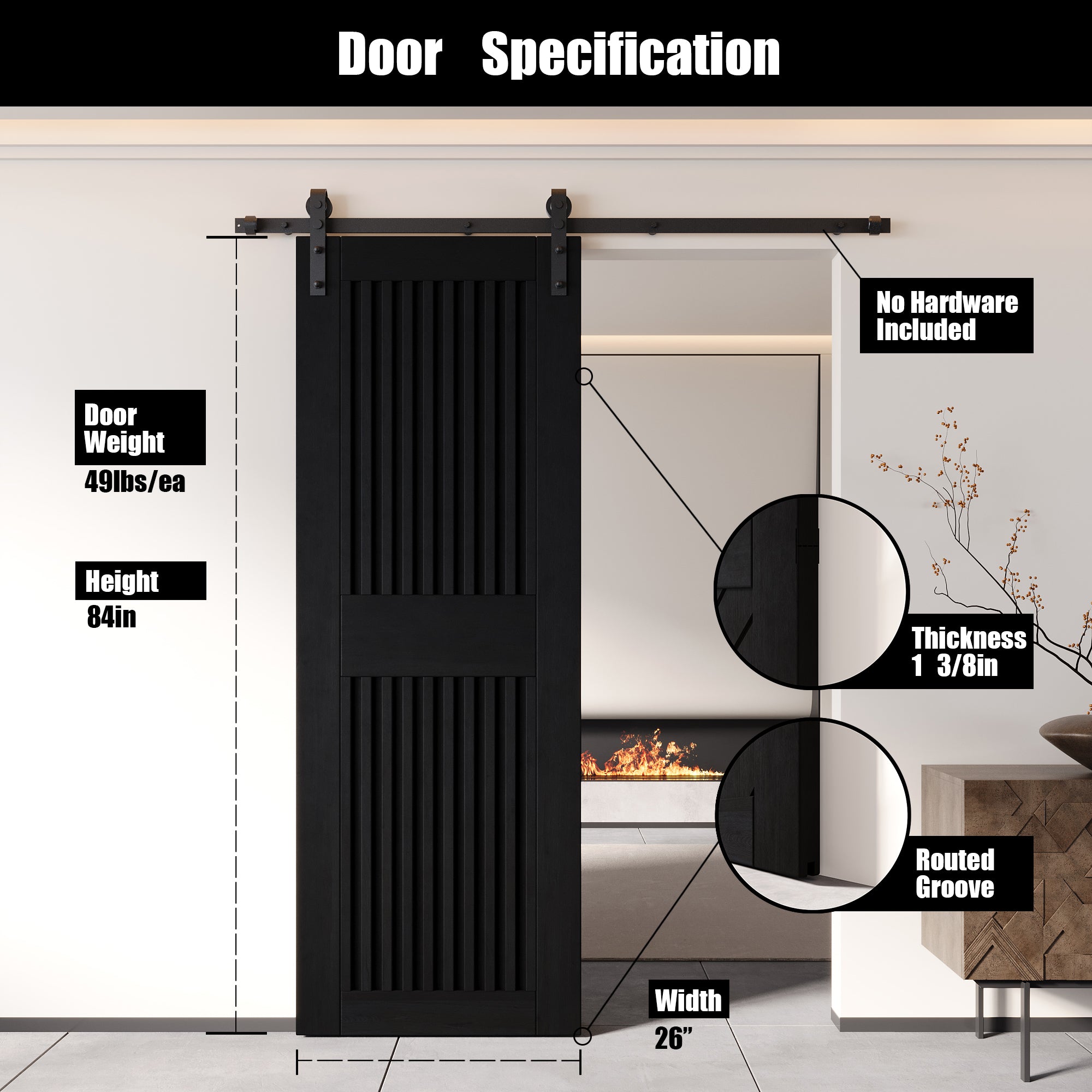 84" Height Black Vertical Stripe Design Unassembled & Finished Pine Wood Barn Door (Interior Use Only)