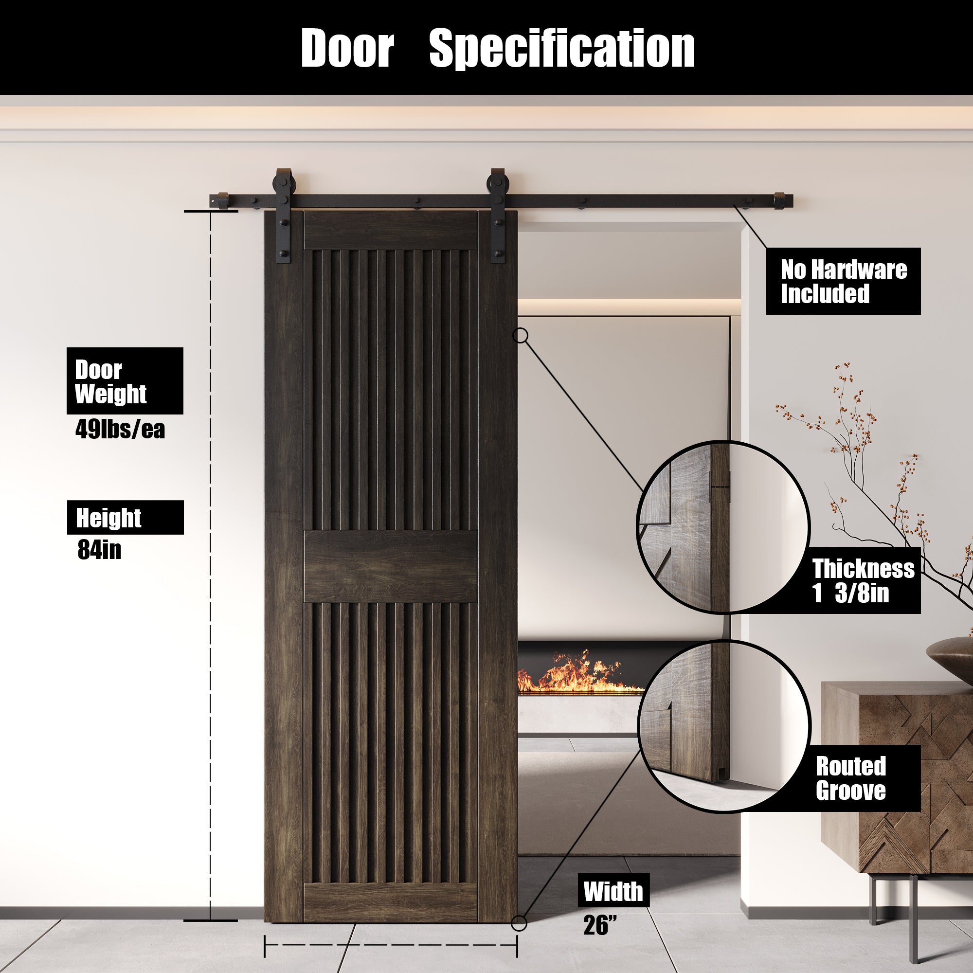 84" Height Ebony Vertical Stripe Design Unassembled & Finished Pine Wood Barn Door (Interior Use Only)