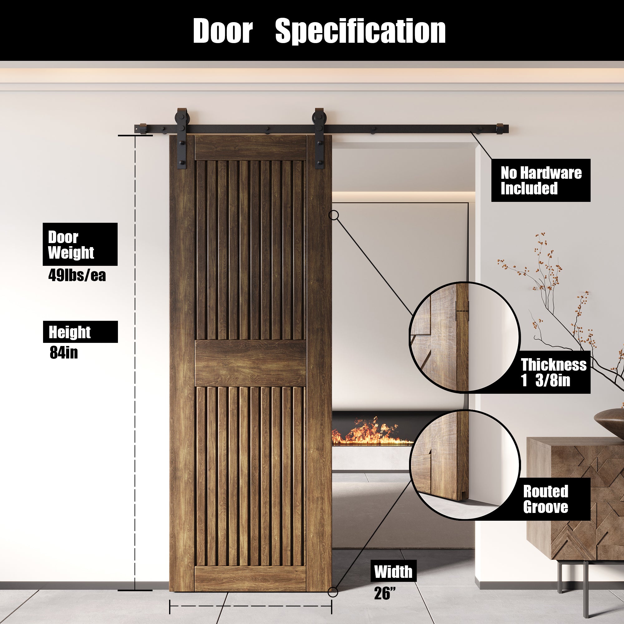 84" Height Dark Walnut Vertical Stripe Design Unassembled & Finished Pine Wood Barn Door (Interior Use Only)
