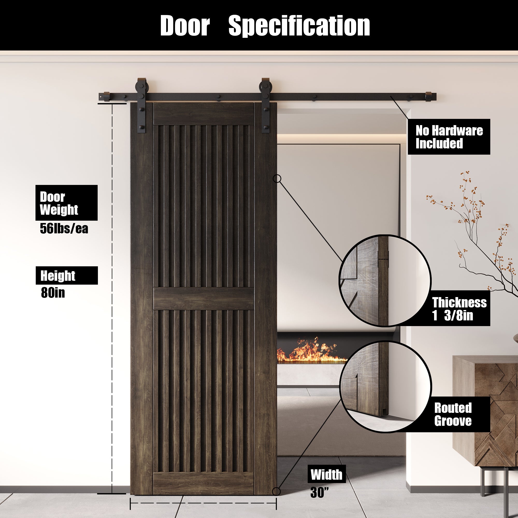 80" Height Ebony Vertical Stripe Design Unassembled & Finished Pine Wood Barn Door (Interior Use Only)