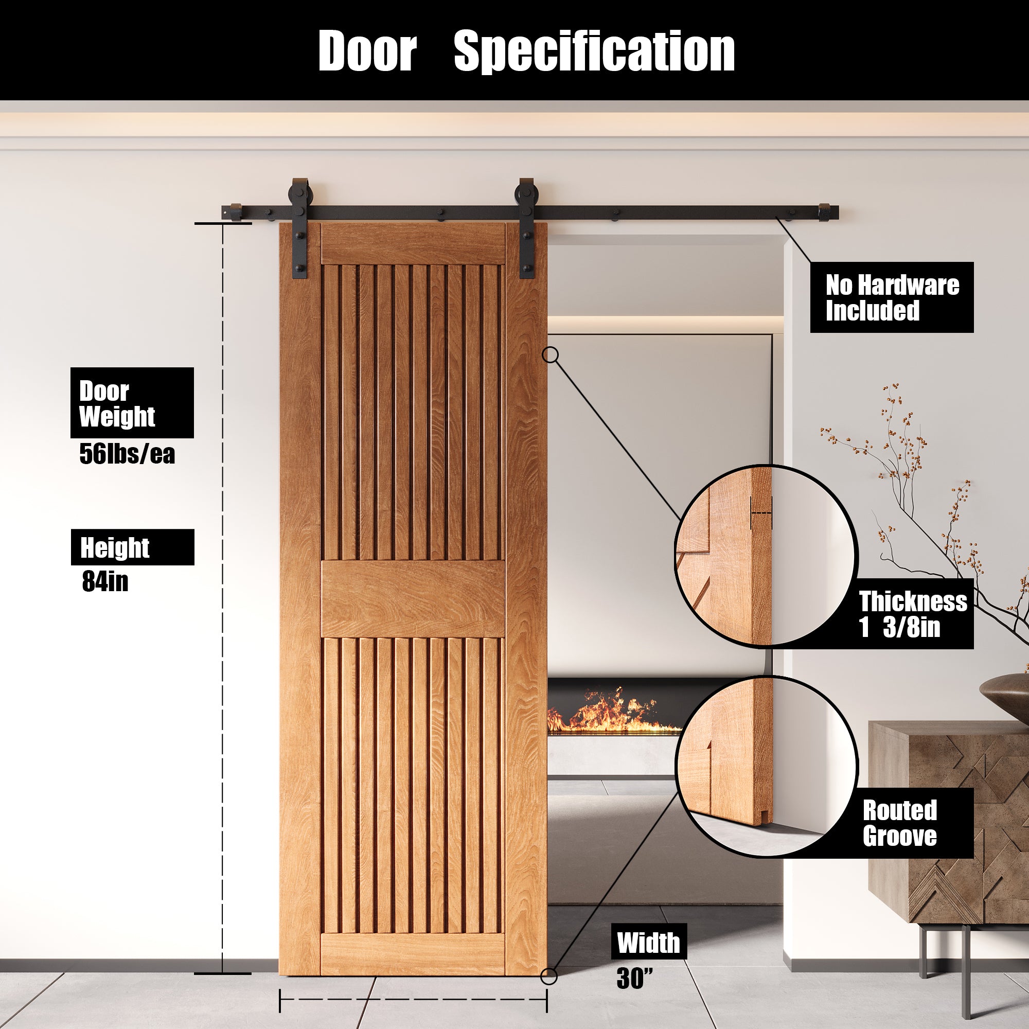 84" Height Early American Vertical Stripe Design Unassembled & Finished Pine Wood Barn Door (Interior Use Only)