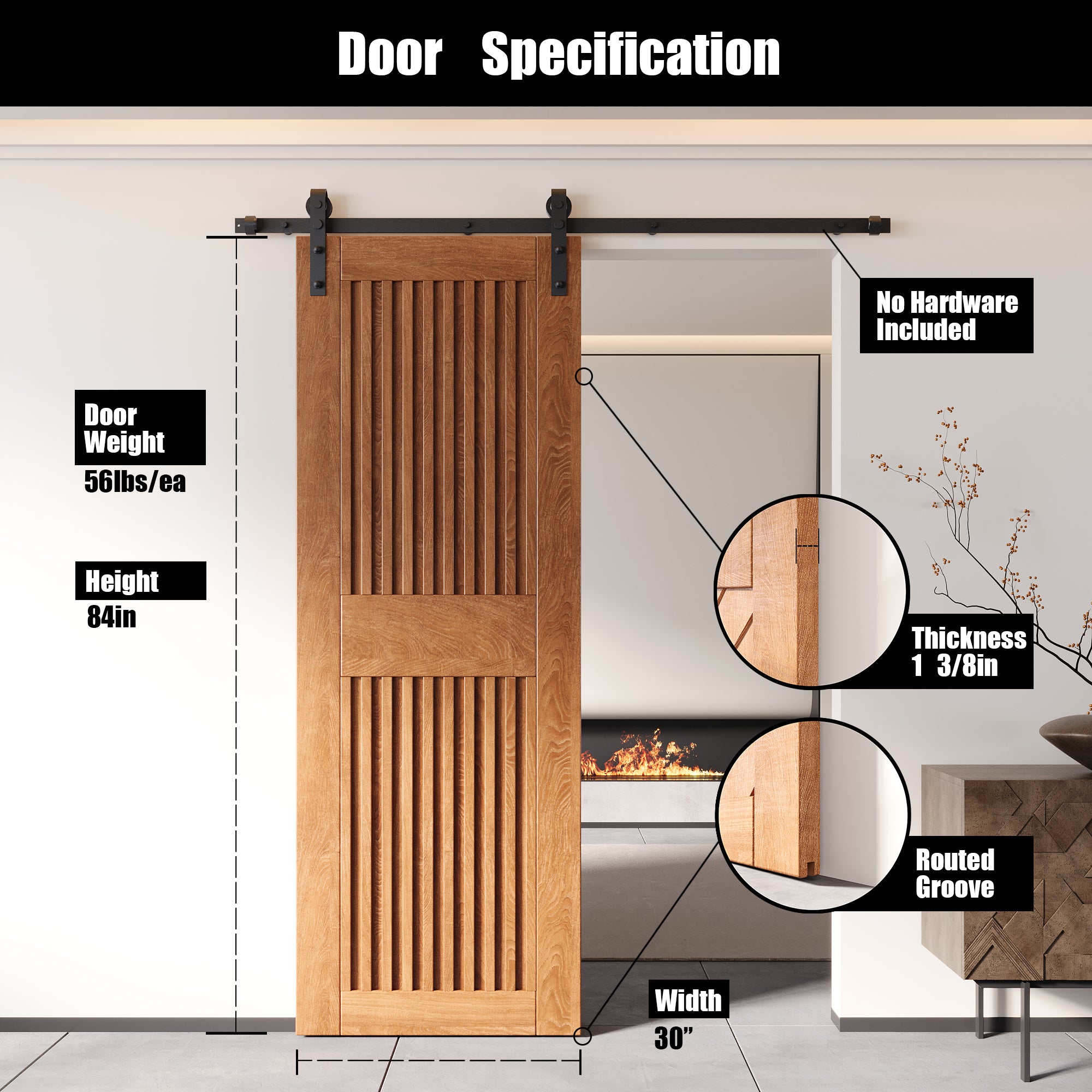 84" Height Early American Vertical Stripe Design Unassembled & Finished Pine Wood Barn Door (Interior Use Only)