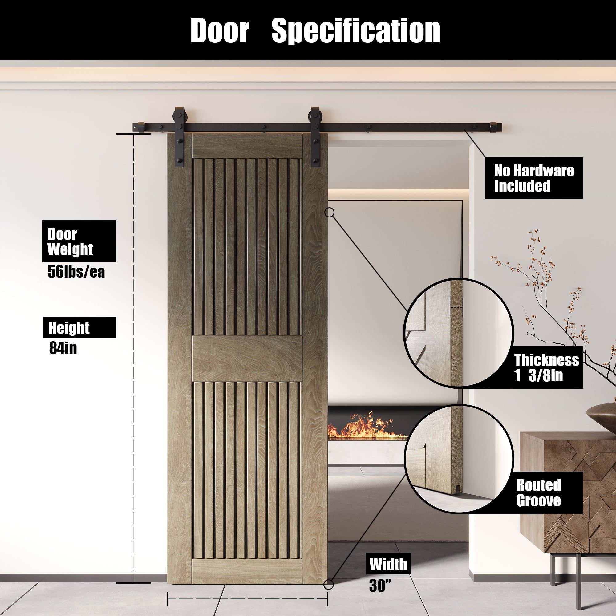 84" Height Classic Gray Vertical Stripe Design Unassembled & Finished Pine Wood Barn Door (Interior Use Only)