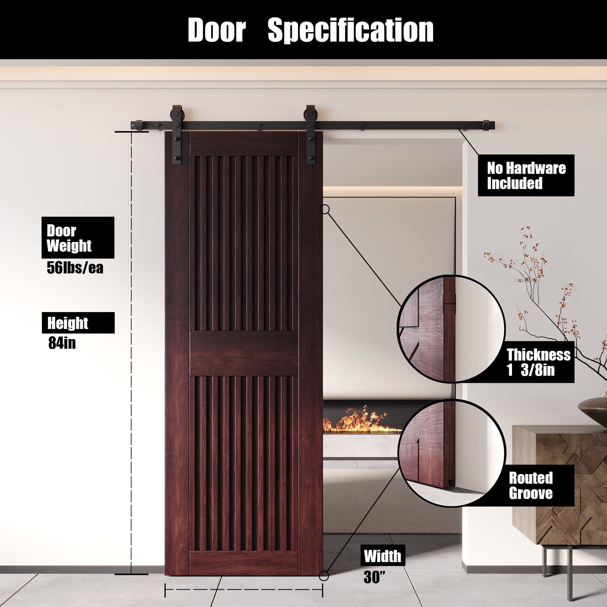 84" Height Red Mahogany Vertical Stripe Design Unassembled & Finished Pine Wood Barn Door (Interior Use Only)