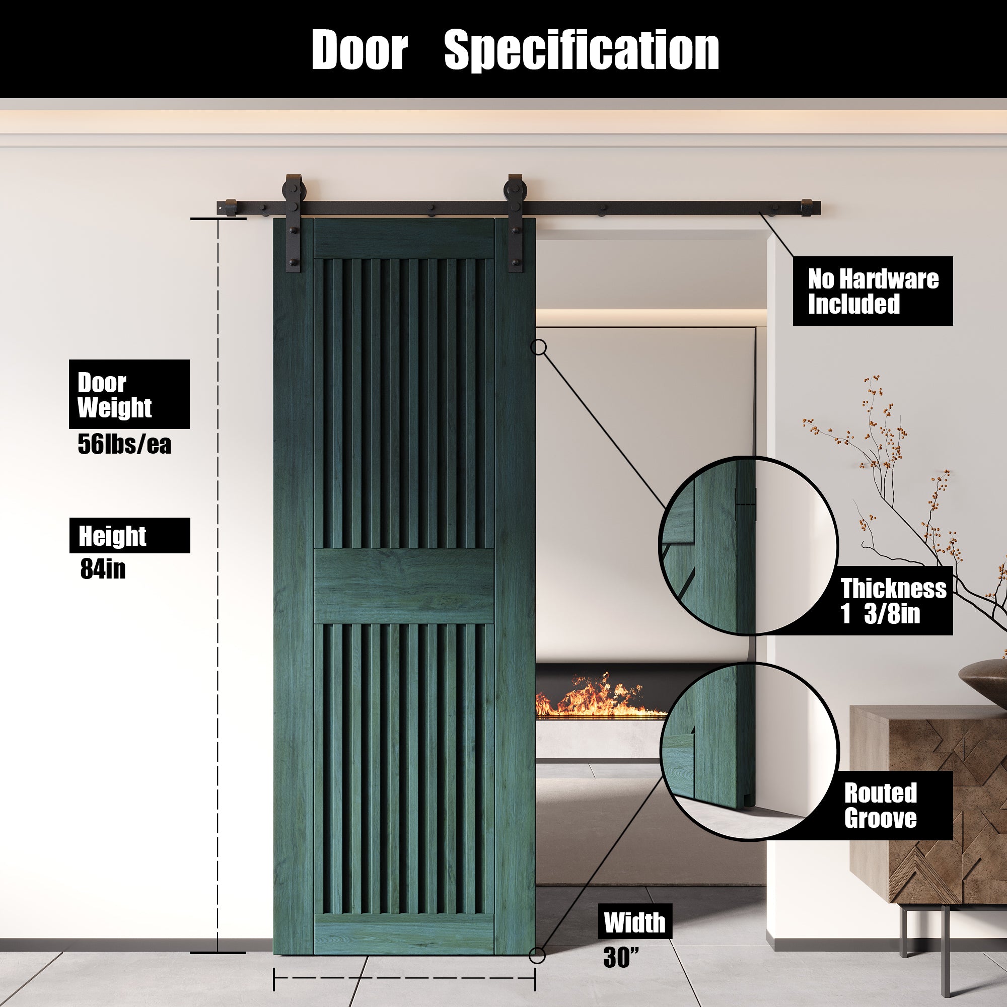 84" Height Royal Pine Vertical Stripe Design Unassembled & Finished Pine Wood Barn Door (Interior Use Only)