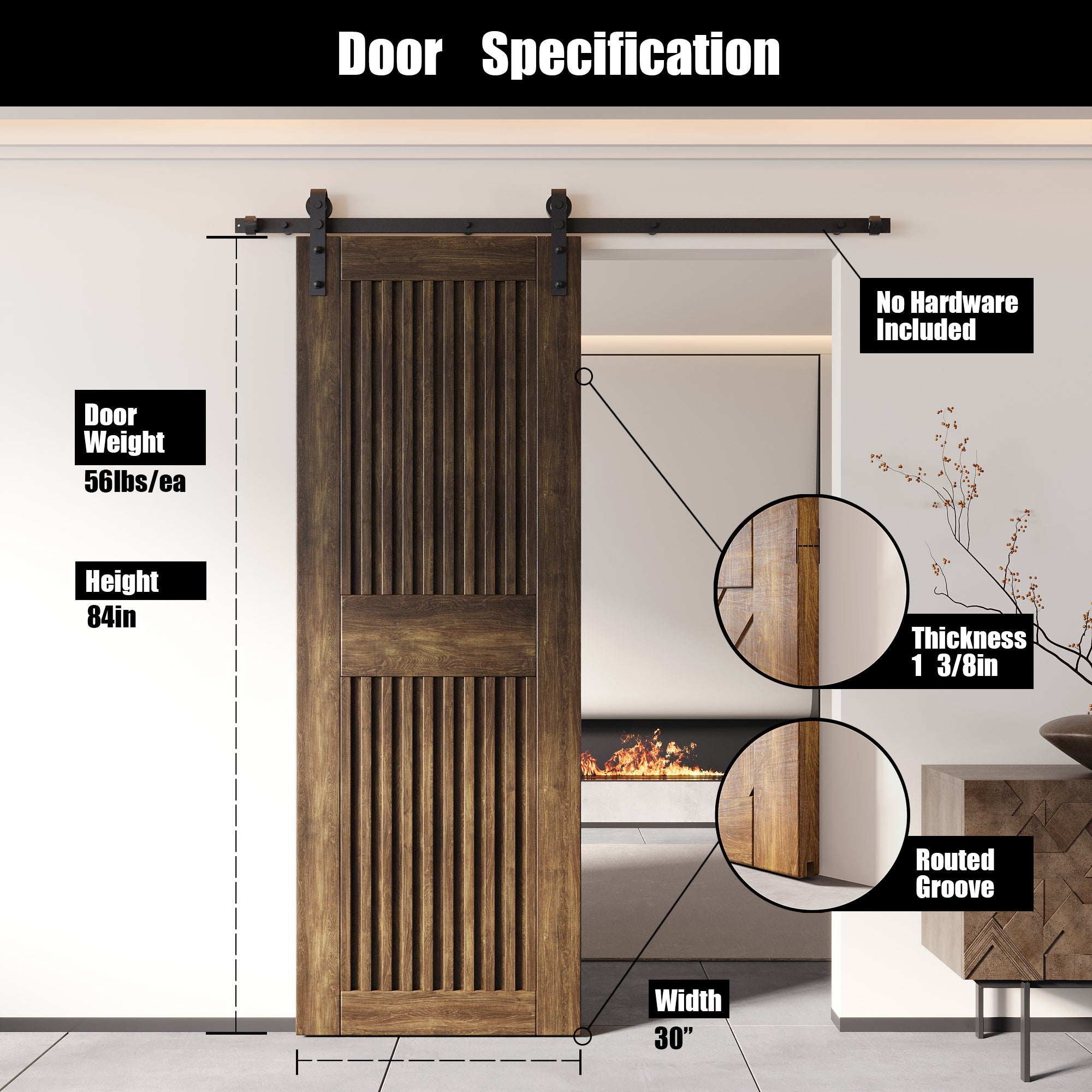 84" Height Dark Walnut Vertical Stripe Design Unassembled & Finished Pine Wood Barn Door (Interior Use Only)