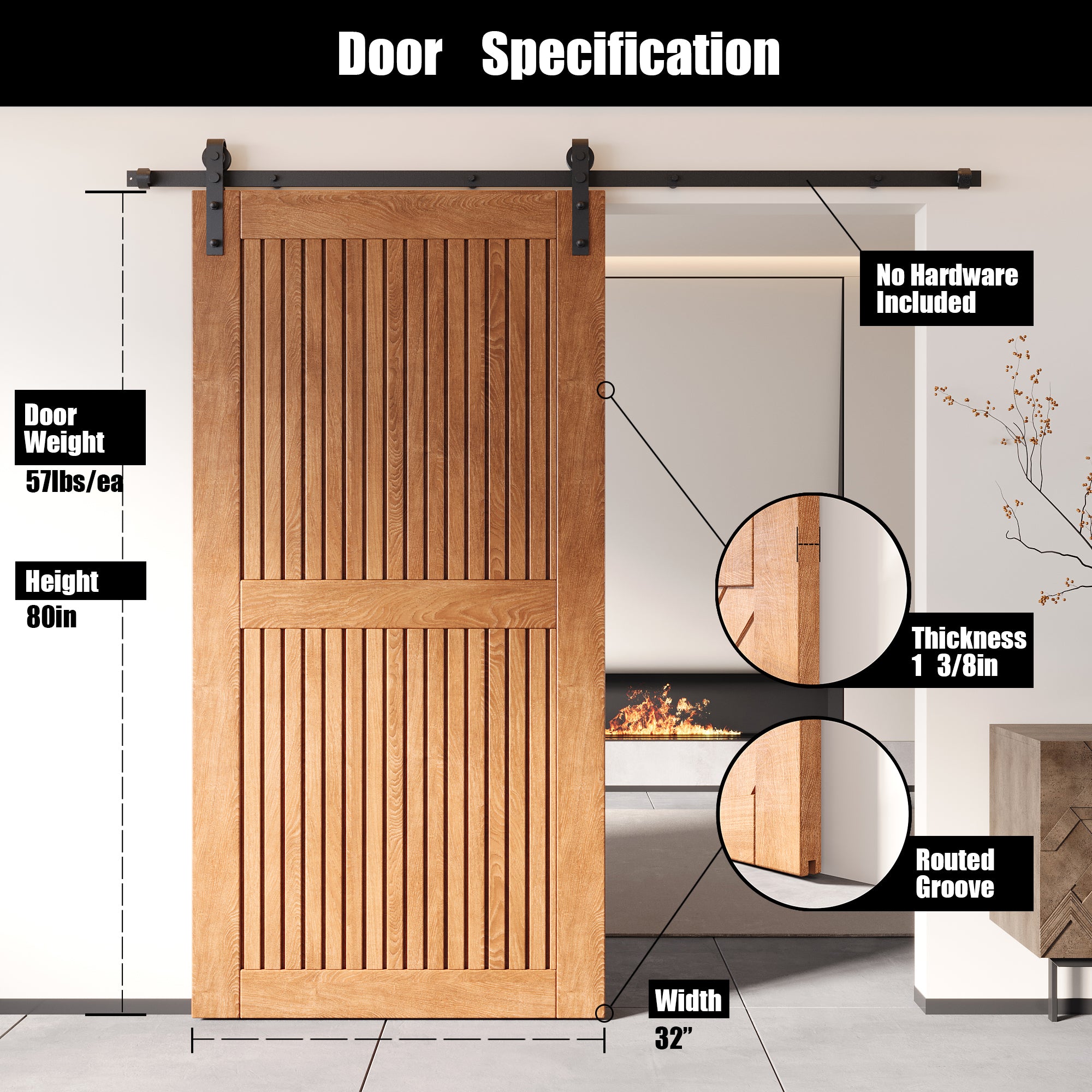 80" Height Early American Vertical Stripe Design Unassembled & Finished Pine Wood Barn Door (Interior Use Only)