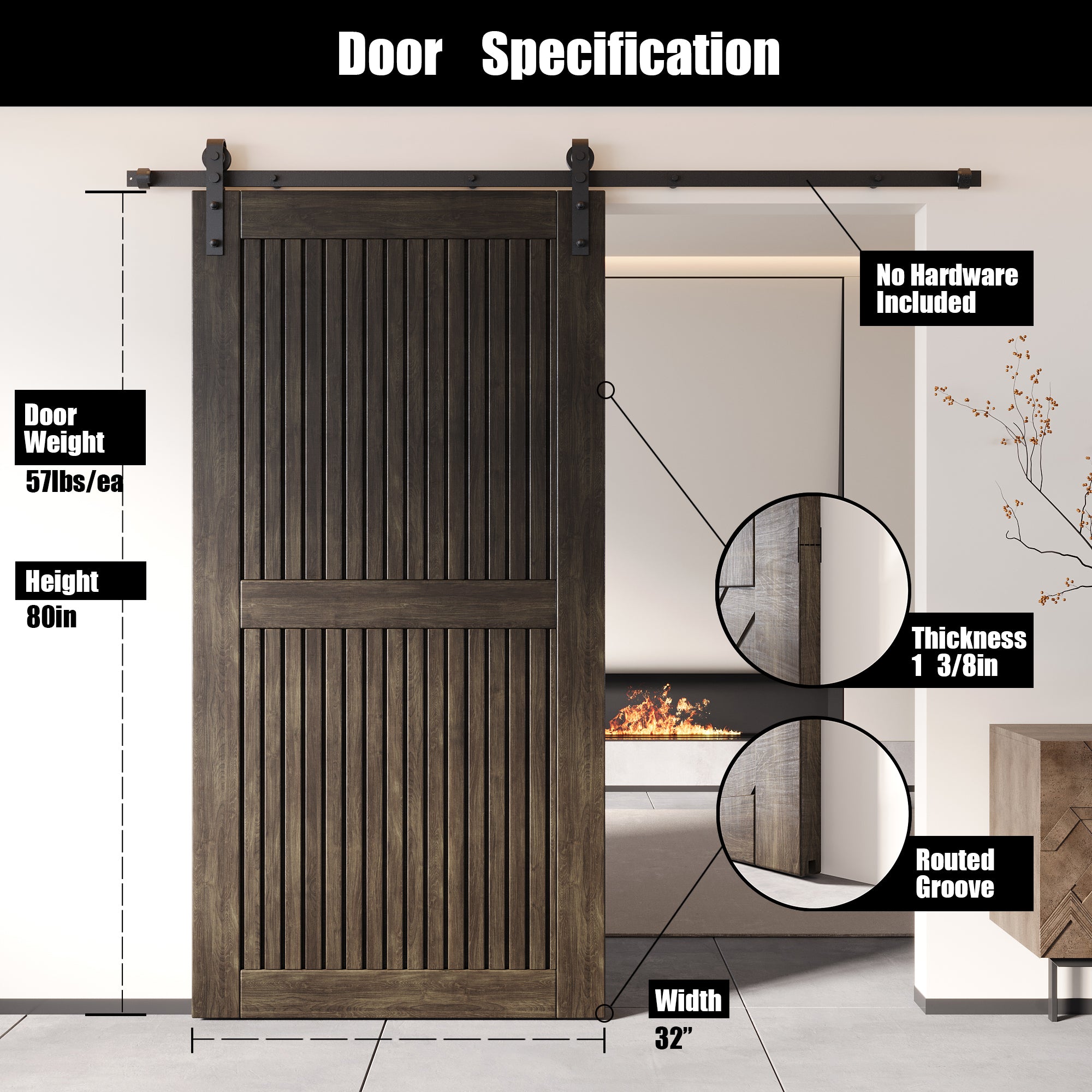 80" Height Ebony Vertical Stripe Design Unassembled & Finished Pine Wood Barn Door (Interior Use Only)
