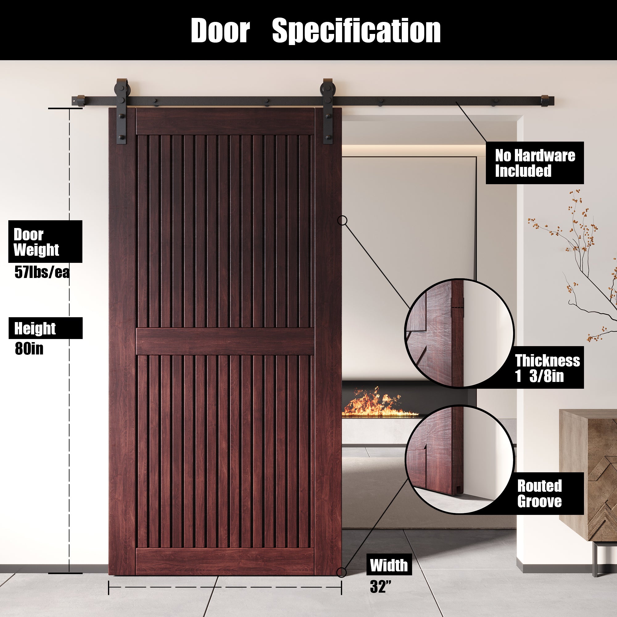 80" Height Red Mahogany Vertical Stripe Design Unassembled & Finished Pine Wood Barn Door (Interior Use Only)