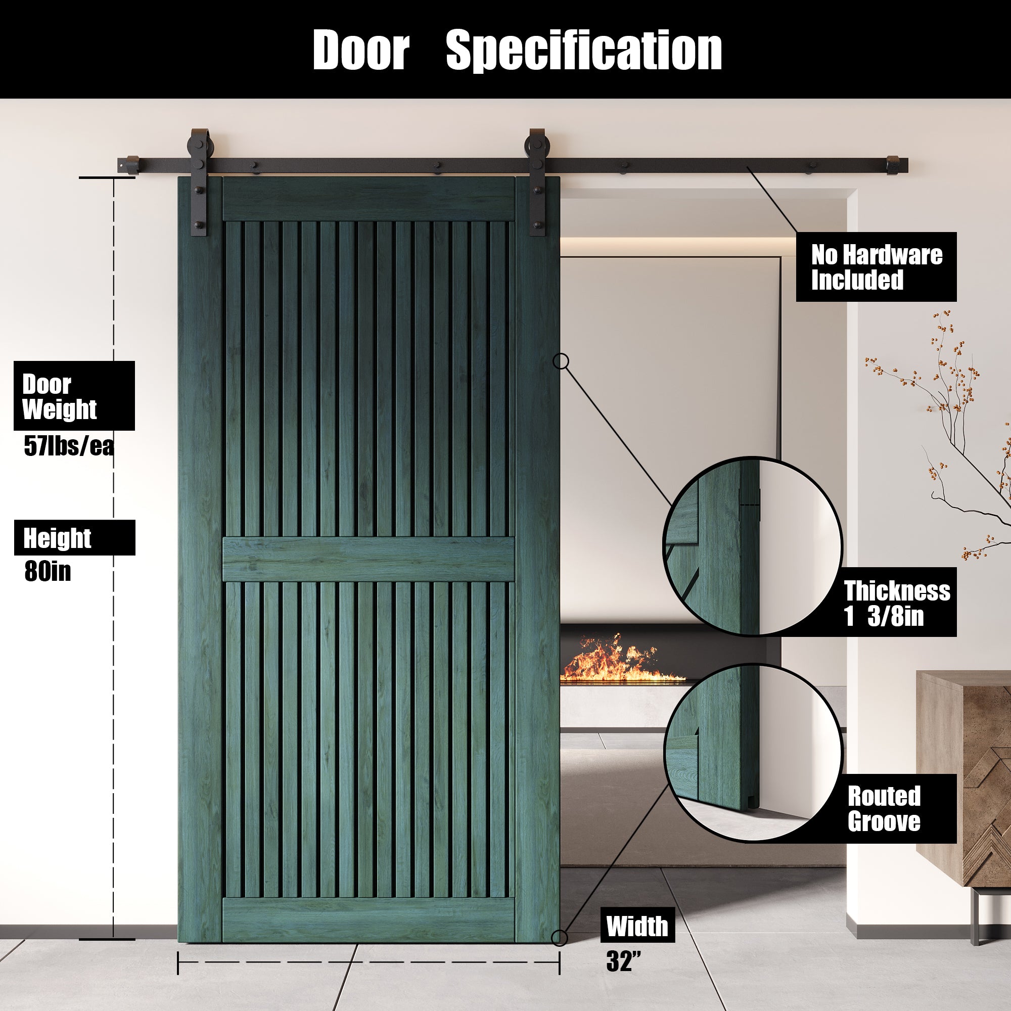 80" Height Royal Pine Vertical Stripe Design Unassembled & Finished Pine Wood Barn Door (Interior Use Only)