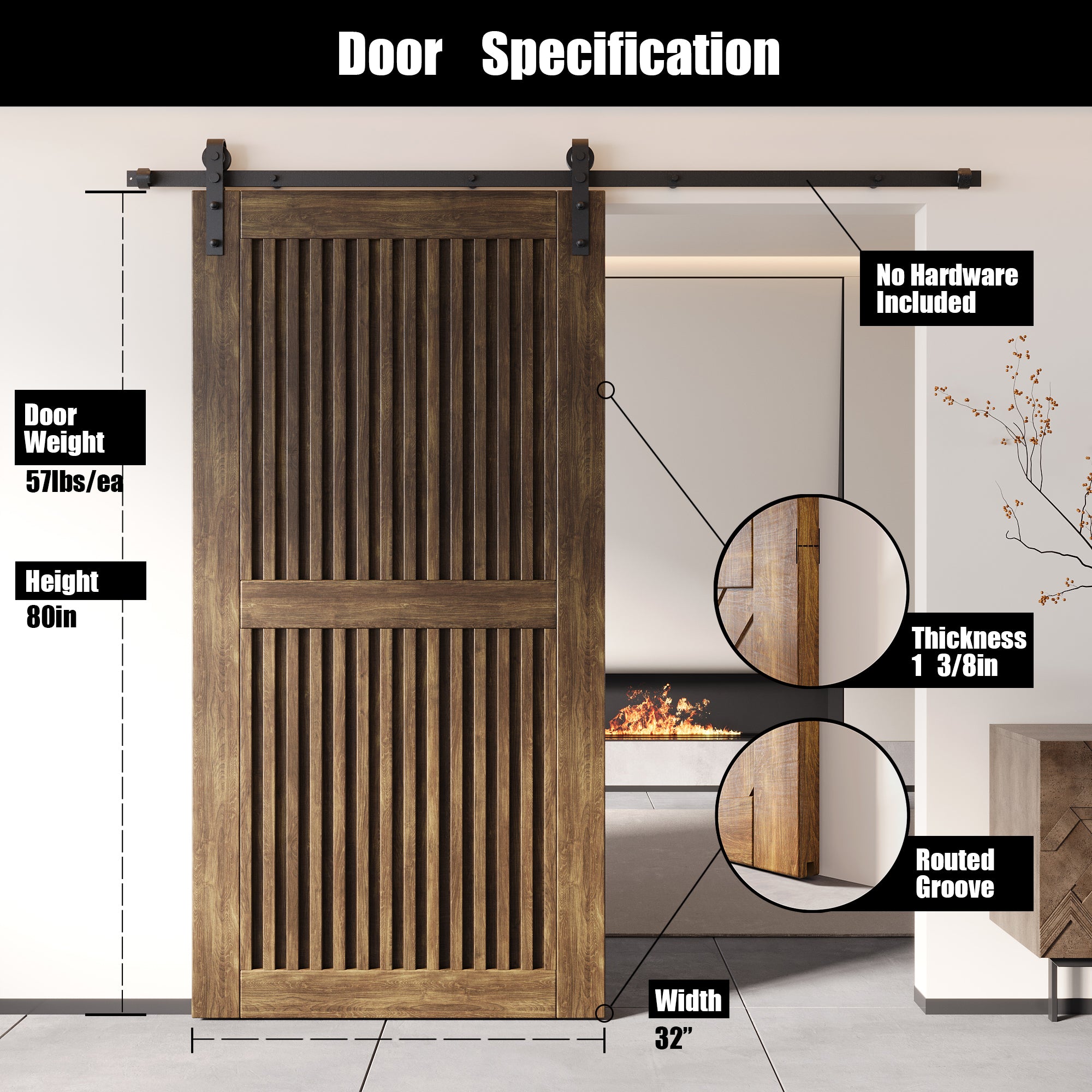 80" Height Dark Walnut Vertical Stripe Design Unassembled & Finished Pine Wood Barn Door (Interior Use Only)